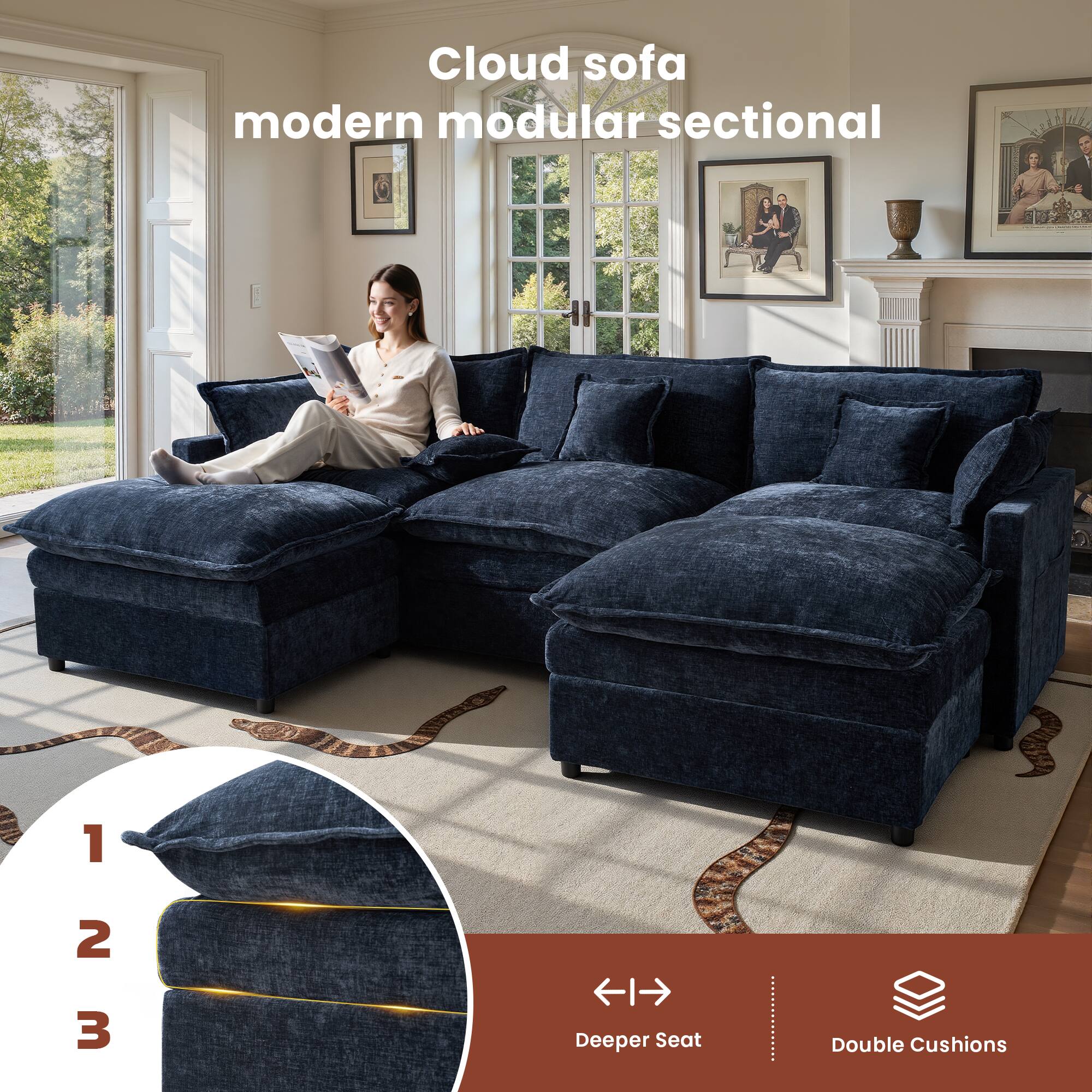Cloud sofa modern modular sectional

1. Deeper Seat
2. Double Cushions
