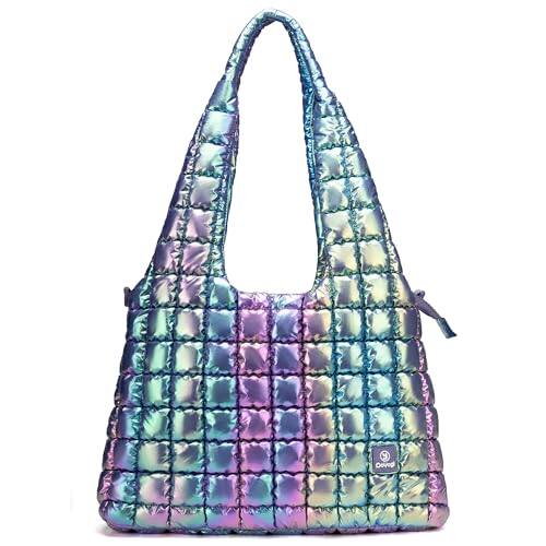 Front. ESBANY - Quilted Tote Bag for Women, Large Puffer Tote Bags, Lightweight Dazzling Padding Hobo Bag, Puff Shoulder Handbags - Dazzling Purple.