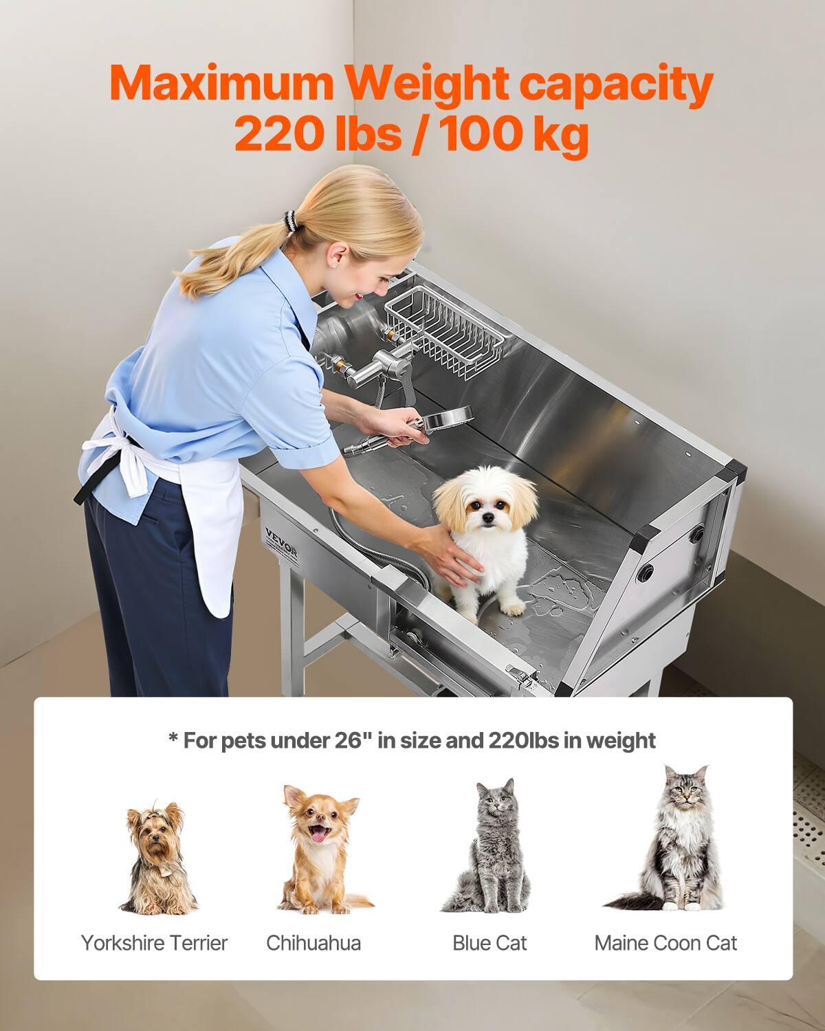 Maximum Weight capacity  
220 lbs / 100 kg  

* For pets under 26" in size and 220lbs in weight  

Yorkshire Terrier  
Chihuahua  
Blue Cat  
Maine Coon Cat