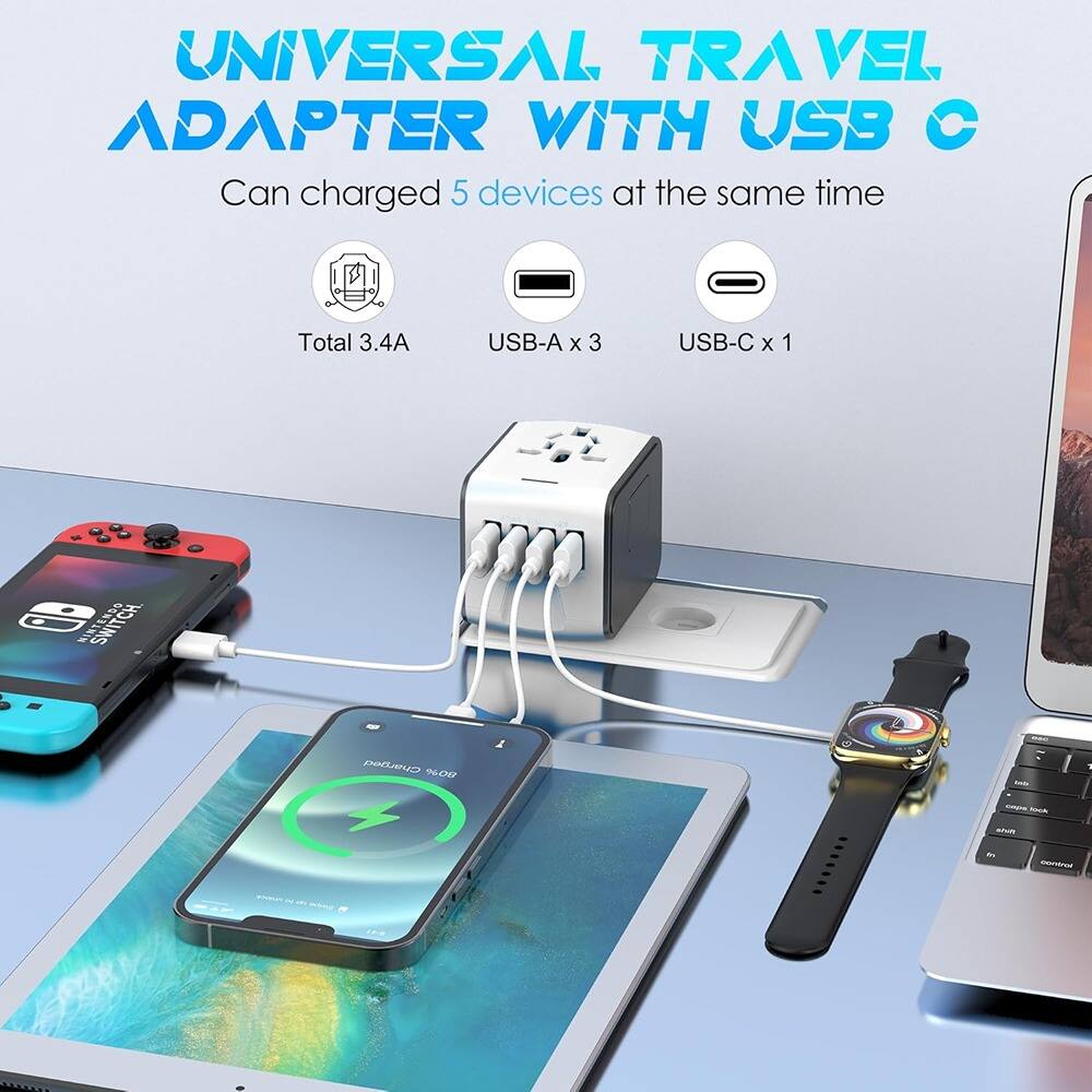 UNIVERSAL TRAVEL ADAPTER WITH USB C  
Can charge 5 devices at the same time  
Total 3.4A  
USB-A x 3  
USB-C x 1