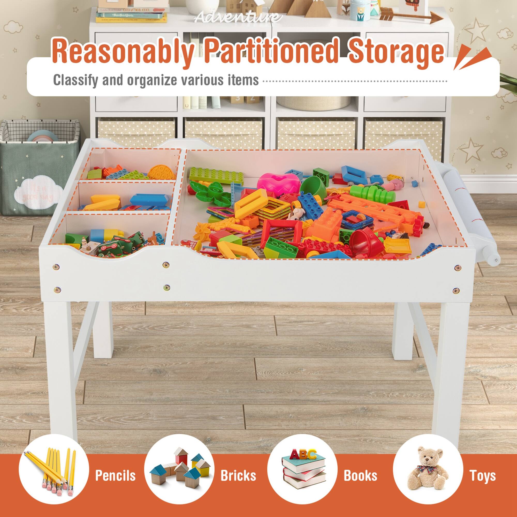 Adventure  
Reasonably Partitioned Storage  
Classify and organize various items  

Pencils  
Bricks  
Books  
Toys