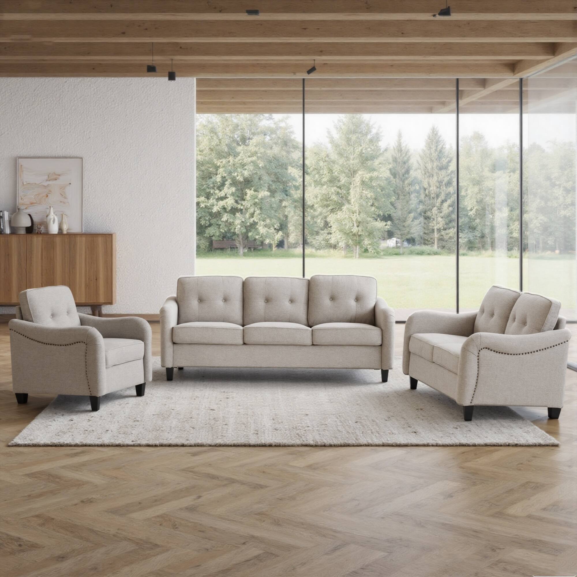 Angle. Boyel Living - Modern 3-Piece Linen Fabric Living Room Set - Beige and Black.