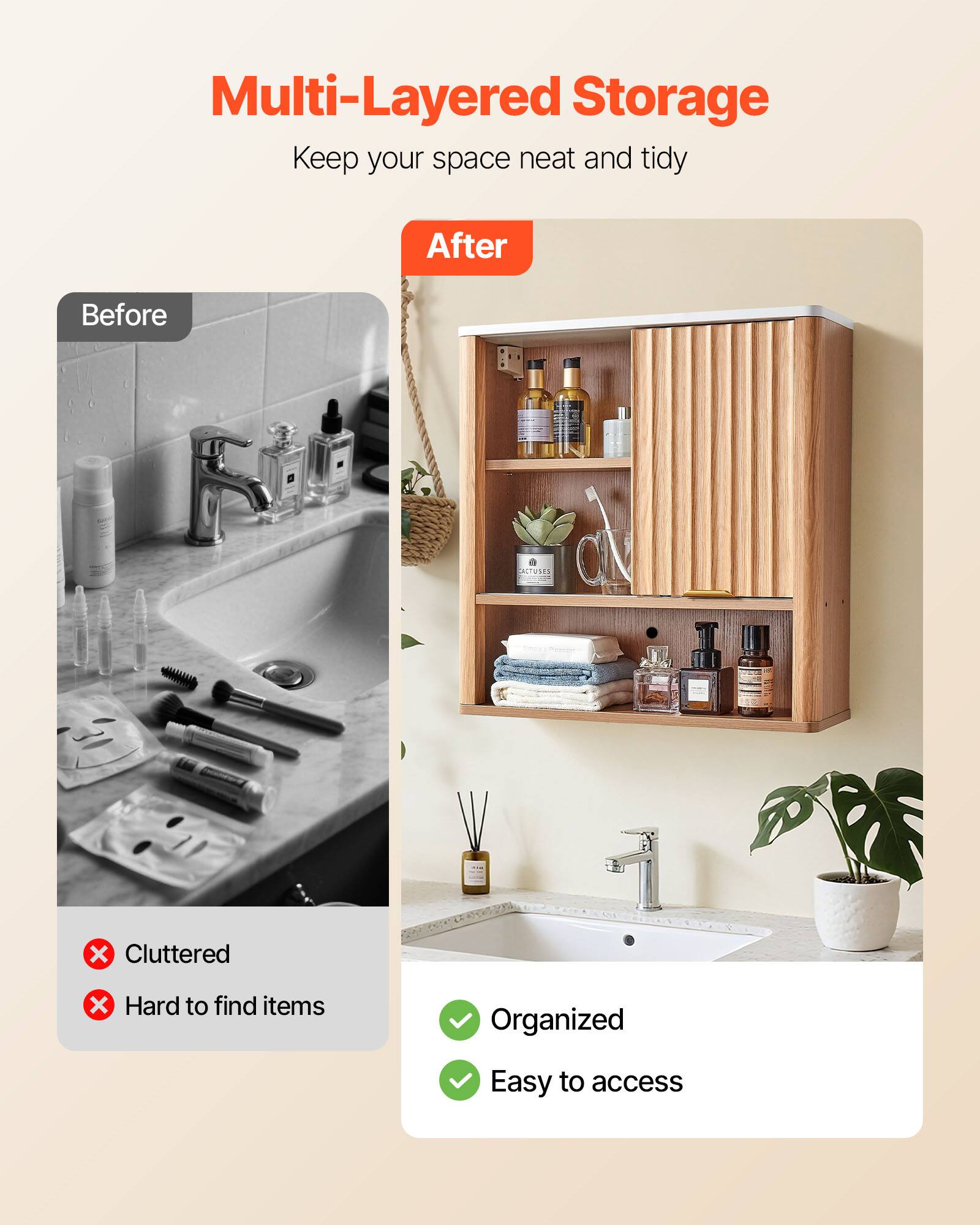 Multi-Layered Storage  
Keep your space neat and tidy  

Before  
Cluttered  
Hard to find items  

After  
Organized  
Easy to access
