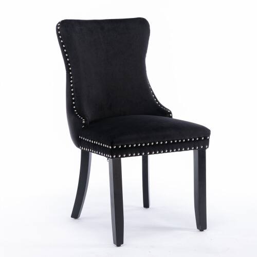 Back. LUCKY ONE - Assembled Wing-Back Dining Chair Set of 2 with Nailhead Trim Solid Wood Legs Upholstered - Black.