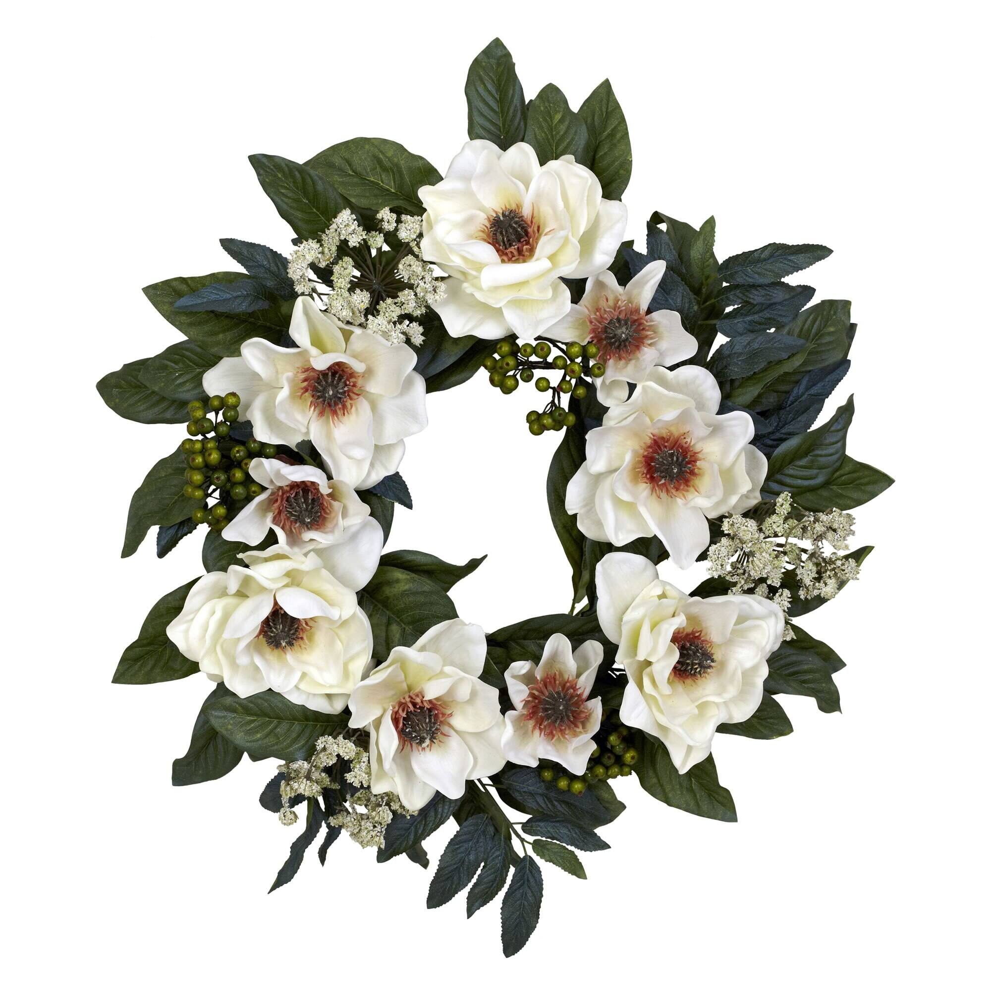Front. BreeBe - 22" Magnolia Wreath - White.