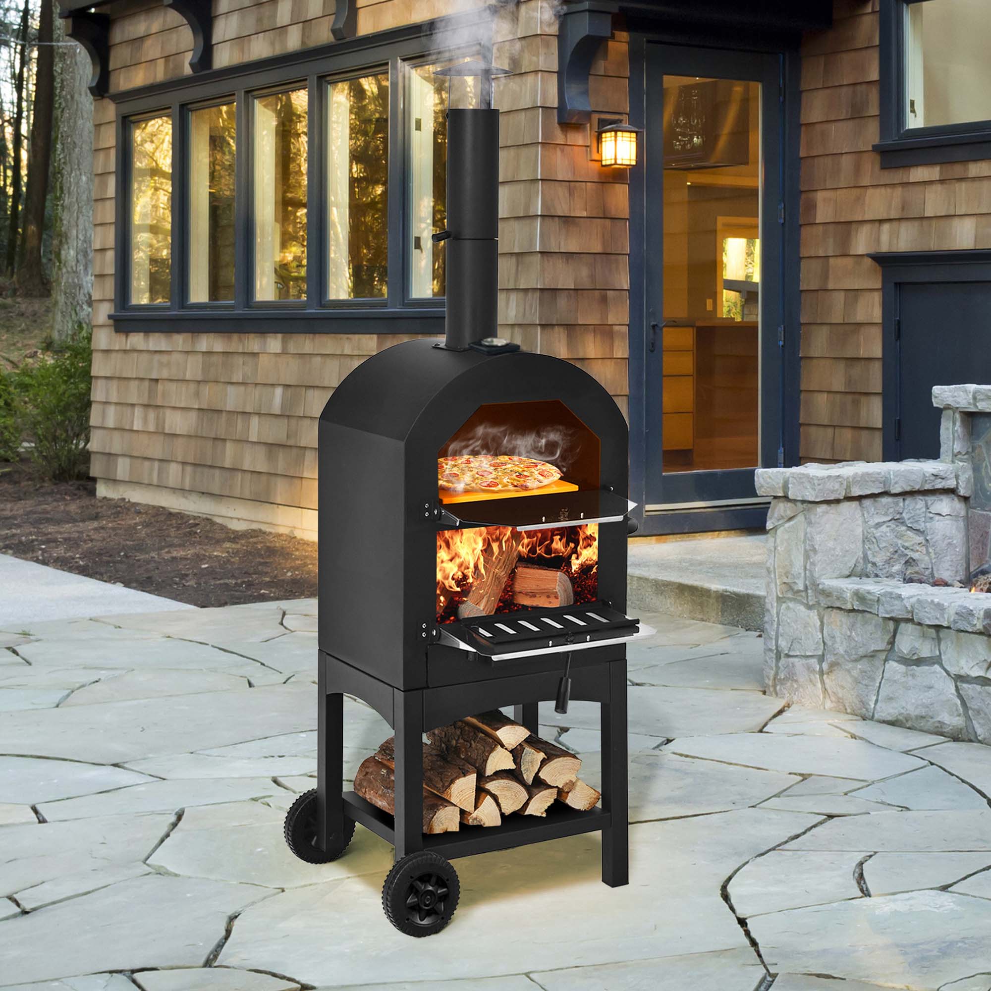 Angle. Costway - Outdoor Pizza Oven Wood Fire Pizza Maker Grill w/ Pizza Stone & Waterproof Cover - Black.