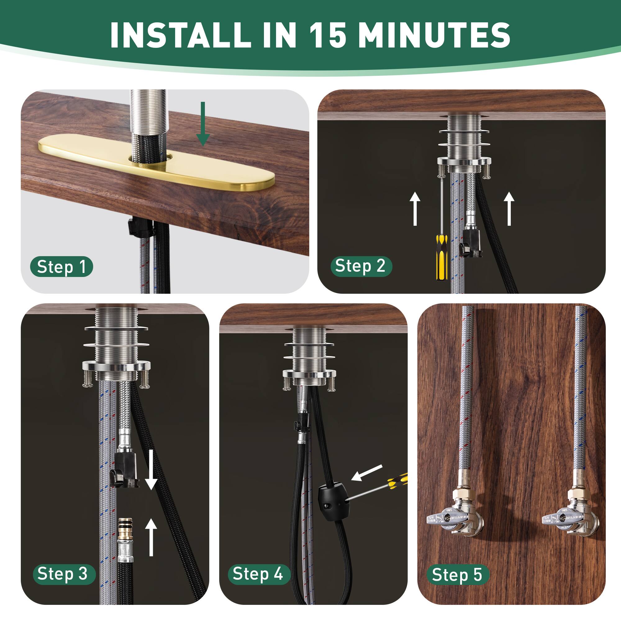 INSTALL IN 15 MINUTES

Step 1

Step 2

Step 3

Step 4

Step 5