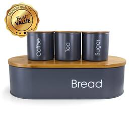 MegaChef - Bamboo Kitchen Countertop 4 Piece Metal Bread Basket and Canister Set in Gray with Lids - White