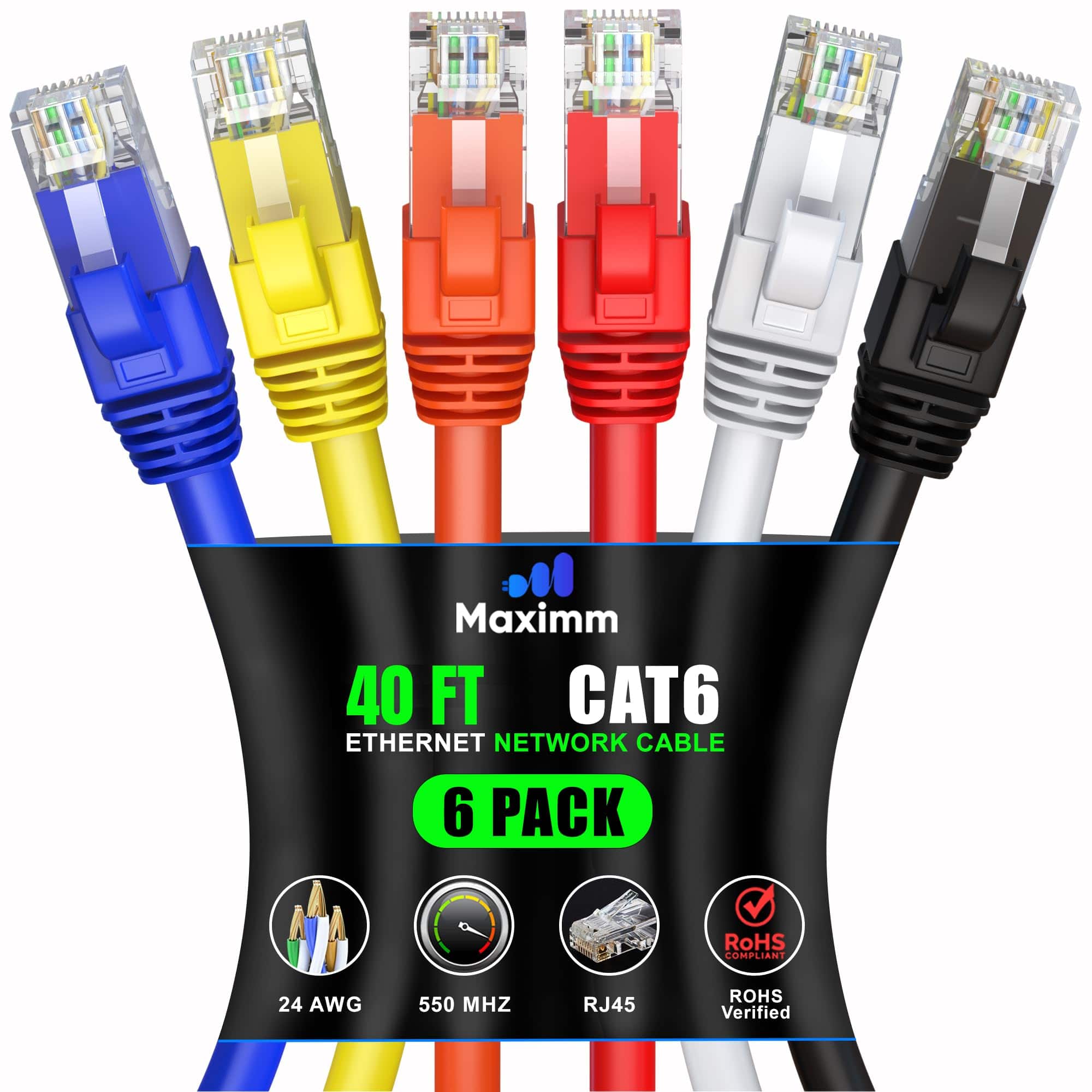 Maximm - Cat 6 Ethernet Cable 40 ft (6-Pack) - UTP, 10Gbps, 550MHz