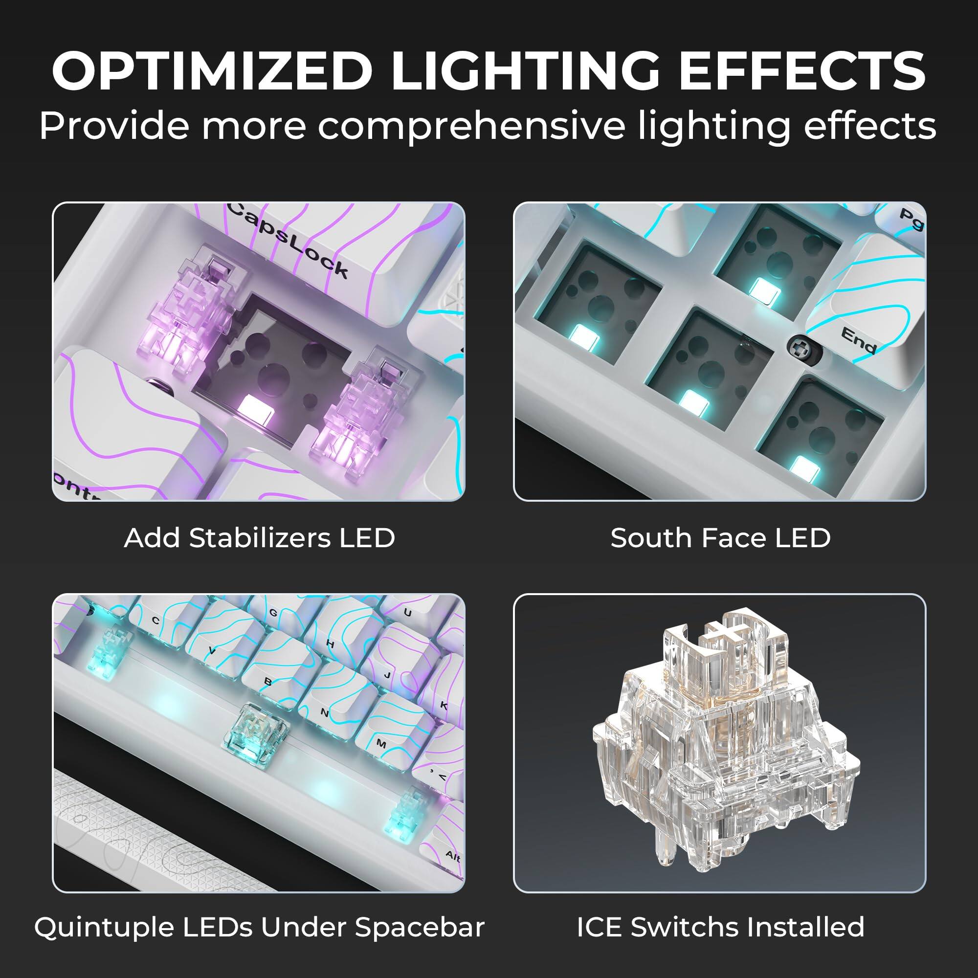 **OPTIMIZED LIGHTING EFFECTS**

Provide more comprehensive lighting effects

- Add Stabilizers LED
- South Face LED
- Quintuple LEDs Under Spacebar
- ICE Switches Installed