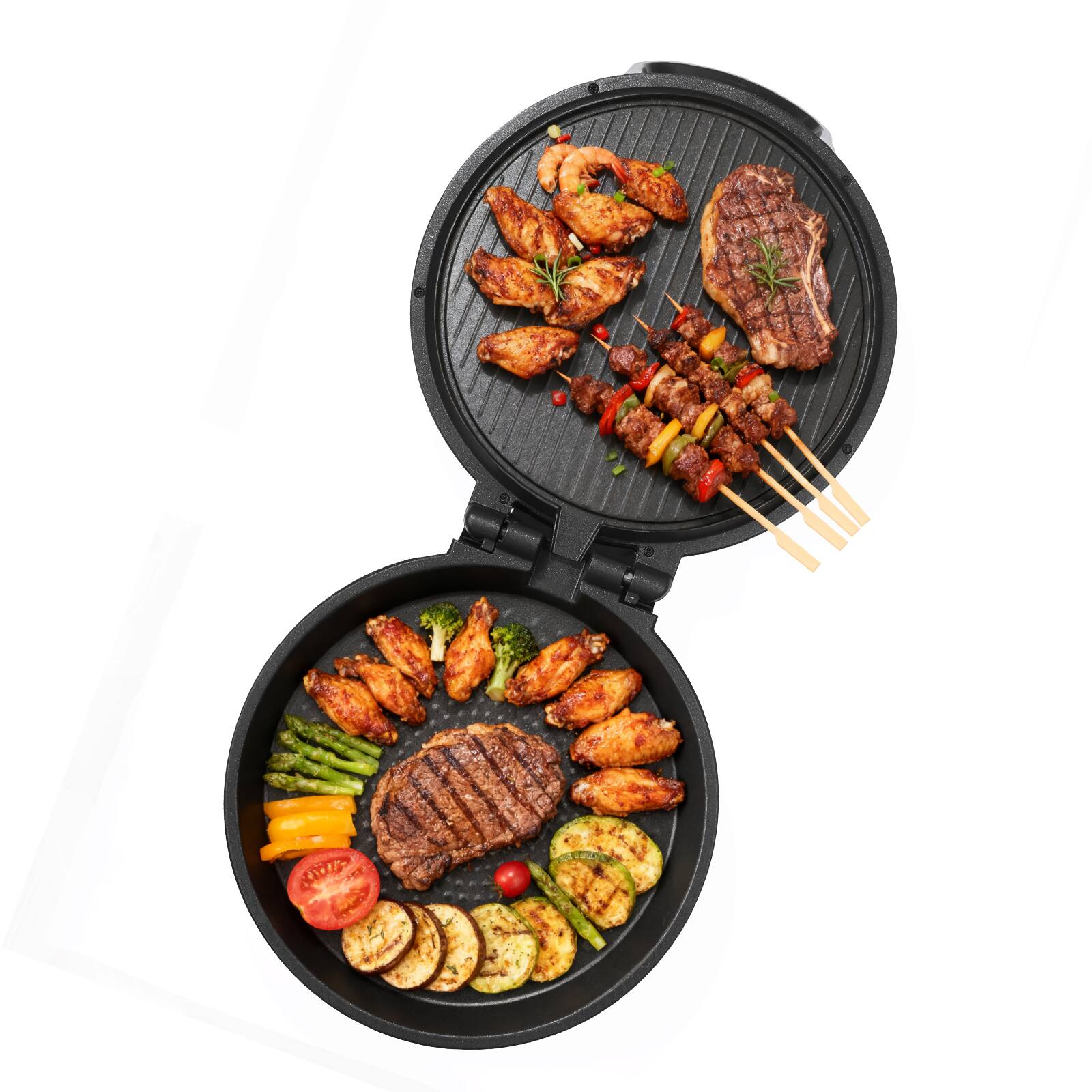 Front. VEVOR - Pizza Oven,12 in Electric Pizza Maker,1200W Electric Pizzas Cooker with Non-Stick Coating,180° Open for Dual Side Baking - Black.