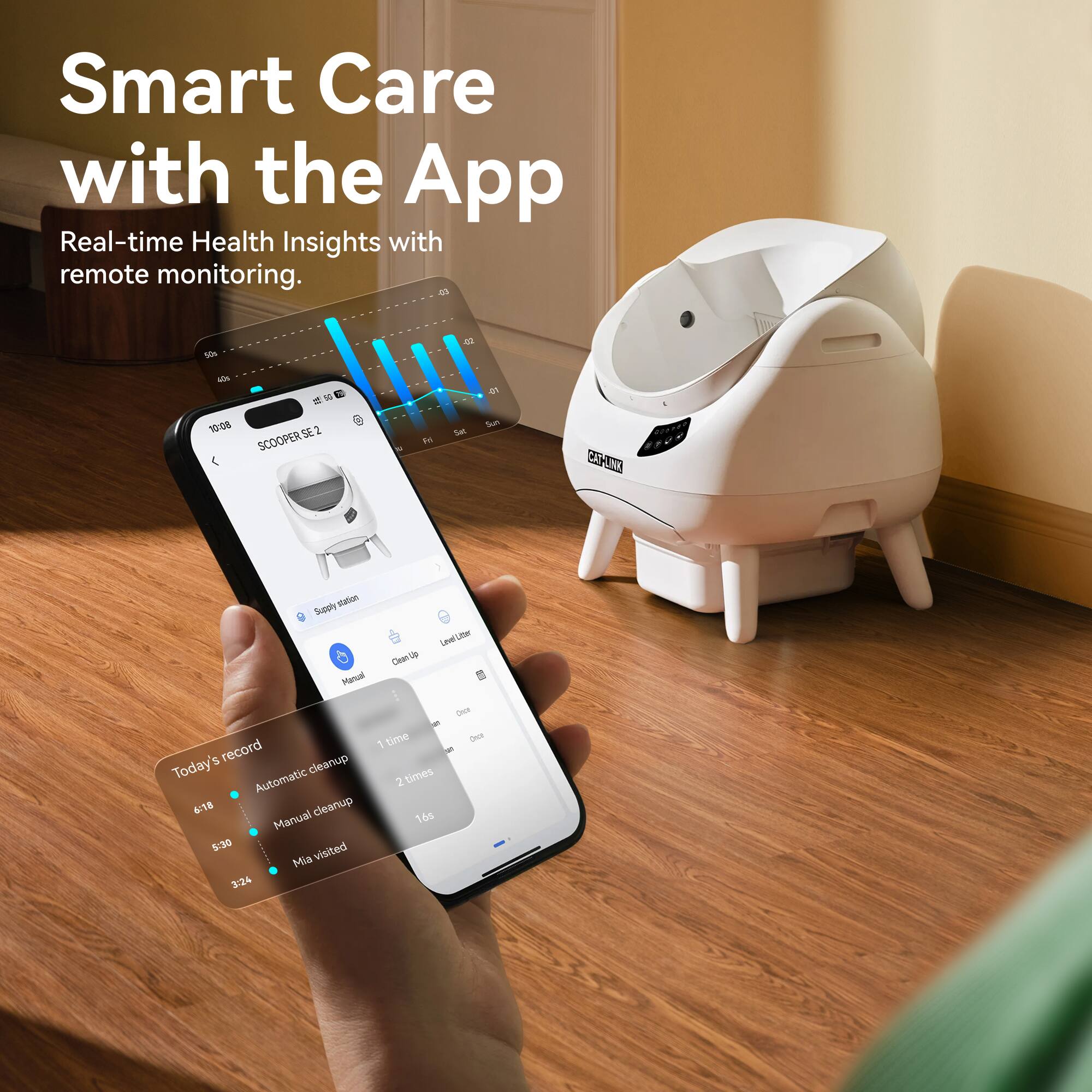 Smart Care with the App  
Real-time Health Insights with remote monitoring.

Today's record  
Automatic cleanup  
- 6:18  
Manual cleanup  
- 5:30  
Mia visited  
- 3:24  

Supply station  
- Scooper SE: 2  
- Level: 100%  

Clean Up  
- 1 time  
- 2 times  
- 16s
