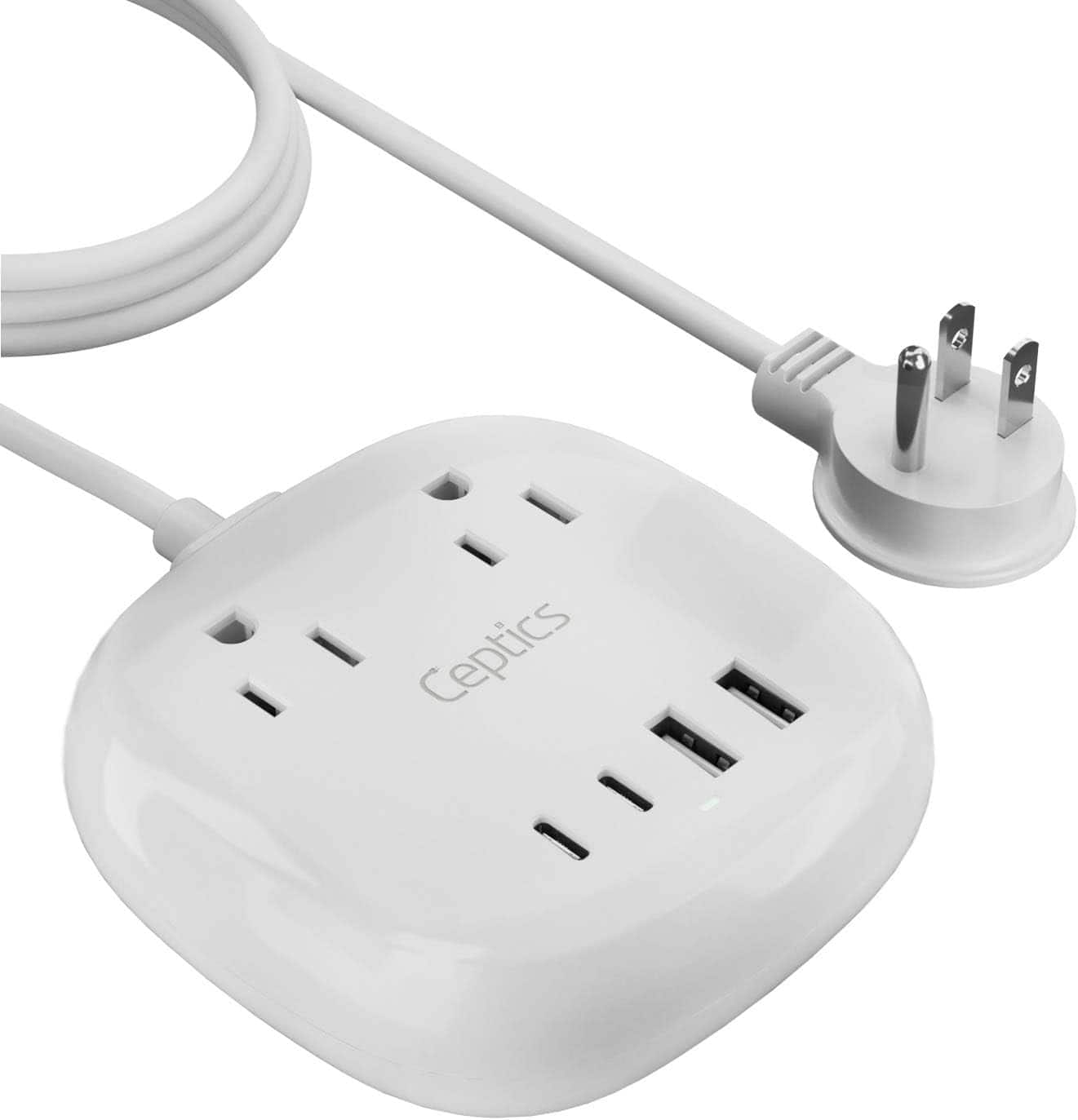 Ceptics - USB Power Strip – Compact Travel Surge Protector – Dual USB-A + USB-C & 2 Grounded Outlets – 5 ft Cord, 21W - White