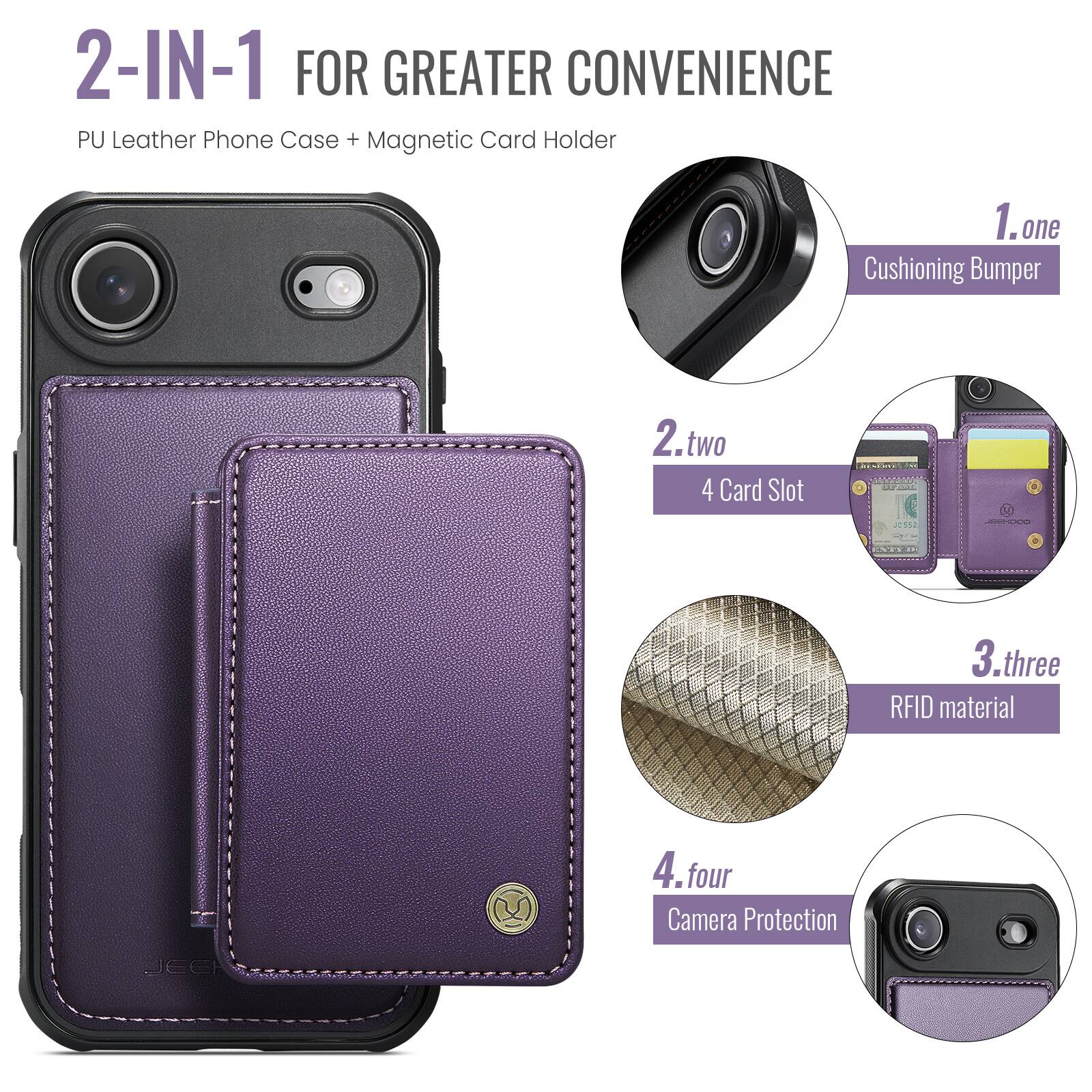 2-IN-1 FOR GREATER CONVENIENCE  
PU Leather Phone Case + Magnetic Card Holder  

1. one  
Cushioning Bumper  

2. two  
4 Card Slot  

3. three  
RFID material  

4. four  
Camera Protection