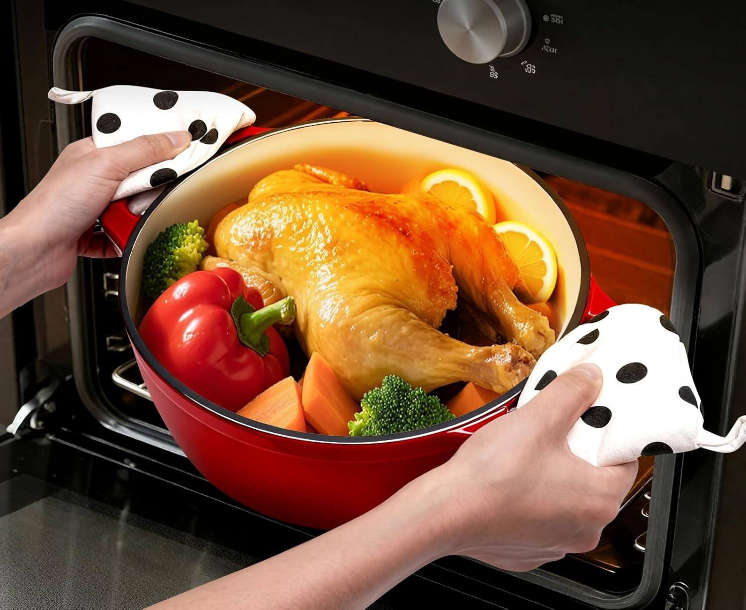 Alt View 3. FINEAK - 5QT Enameled Cast Iron Dutch Oven with Potholders for Versatile Cooking-Red - Red.