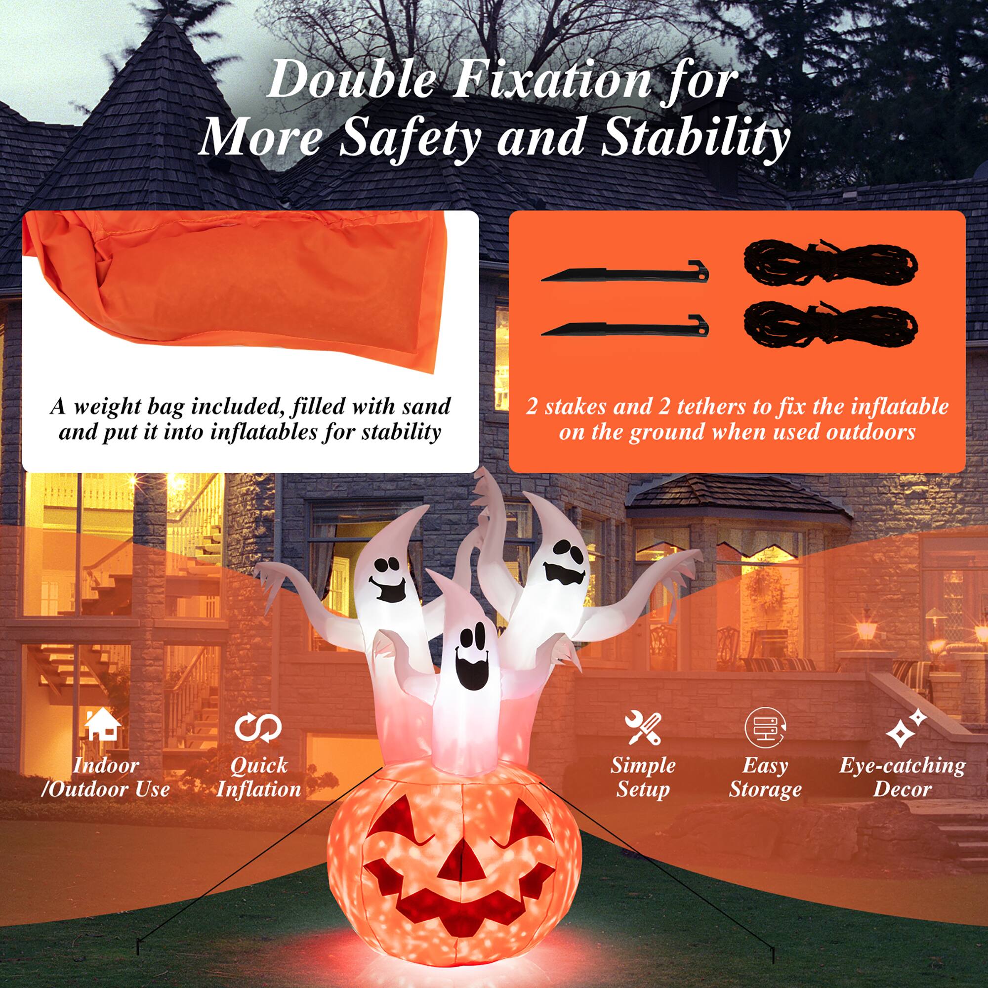 Double Fixation for More Safety and Stability: A weight bag included, filled with sand and put it into inflatables for stability. 2 stakes and 2 tethers to fix the inflatable on the ground when used outdoors. Indoor/Outdoor Use. Quick Inflation. Simple Setup. Easy Eye-catching Storage Decor.