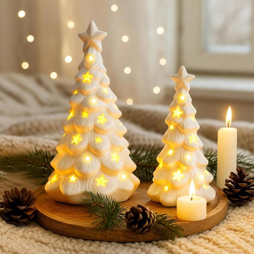 Angle. RTMB - Set of 2 White Ceramic Light-Up Christmas Trees, Tabletop Mini Porcelain Figurines for Holiday Decor - White.