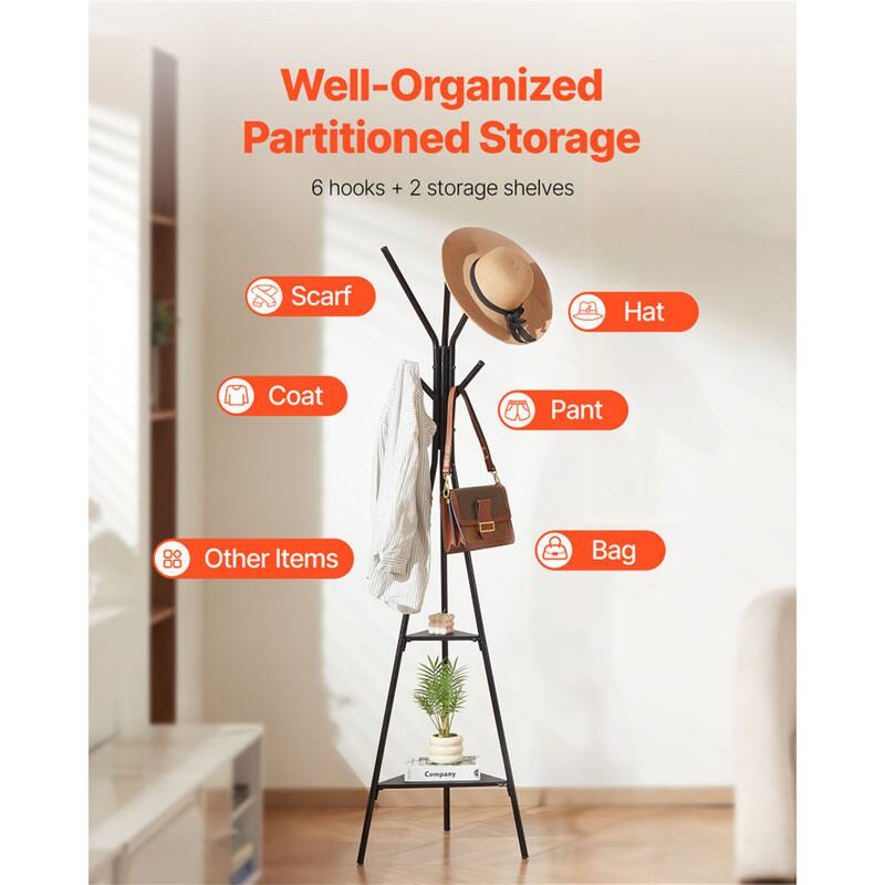 Well-Organized Partitioned Storage  
6 hooks + 2 storage shelves  
Scarf  
Hat  
Coat  
Pant  
Other Items  
Bag