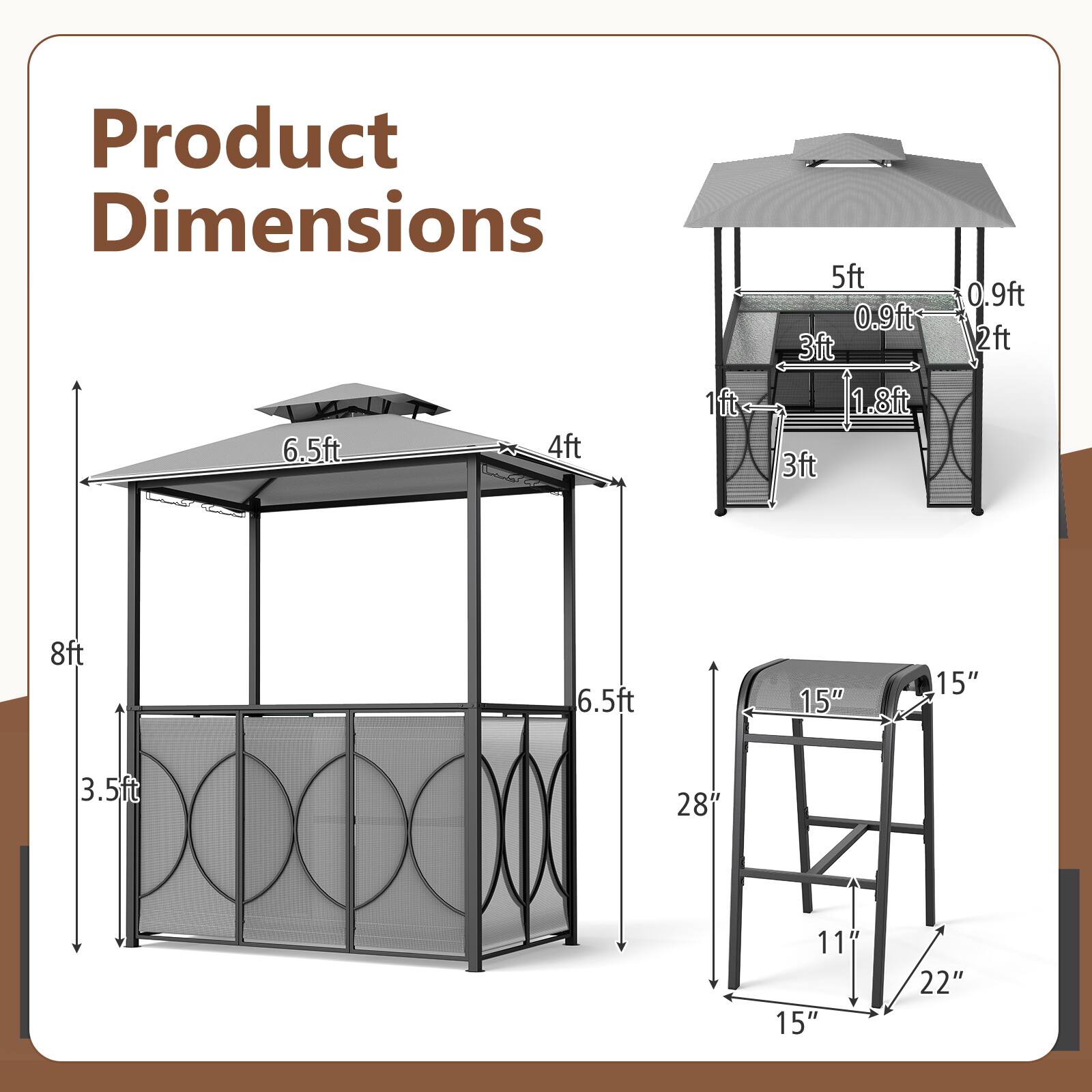 Product Dimensions

- 6.5ft x 4ft x 1ft
- 5ft x 0.9ft x 3ft
- 1.8ft x 3ft x 0.9ft
- 2ft x 8ft x 6.5ft
- 15" x 15" x 3.5ft
- 28" x 11" x 15" x 22"