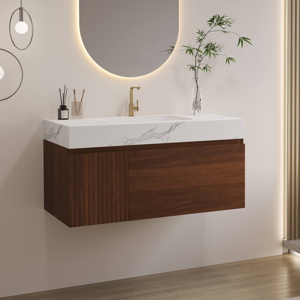 Back. Loheer - Loheer 36 inch floating bathroom vanity seamless sintered stone top wall mounted vanity with sink walnut - Walnut, White.