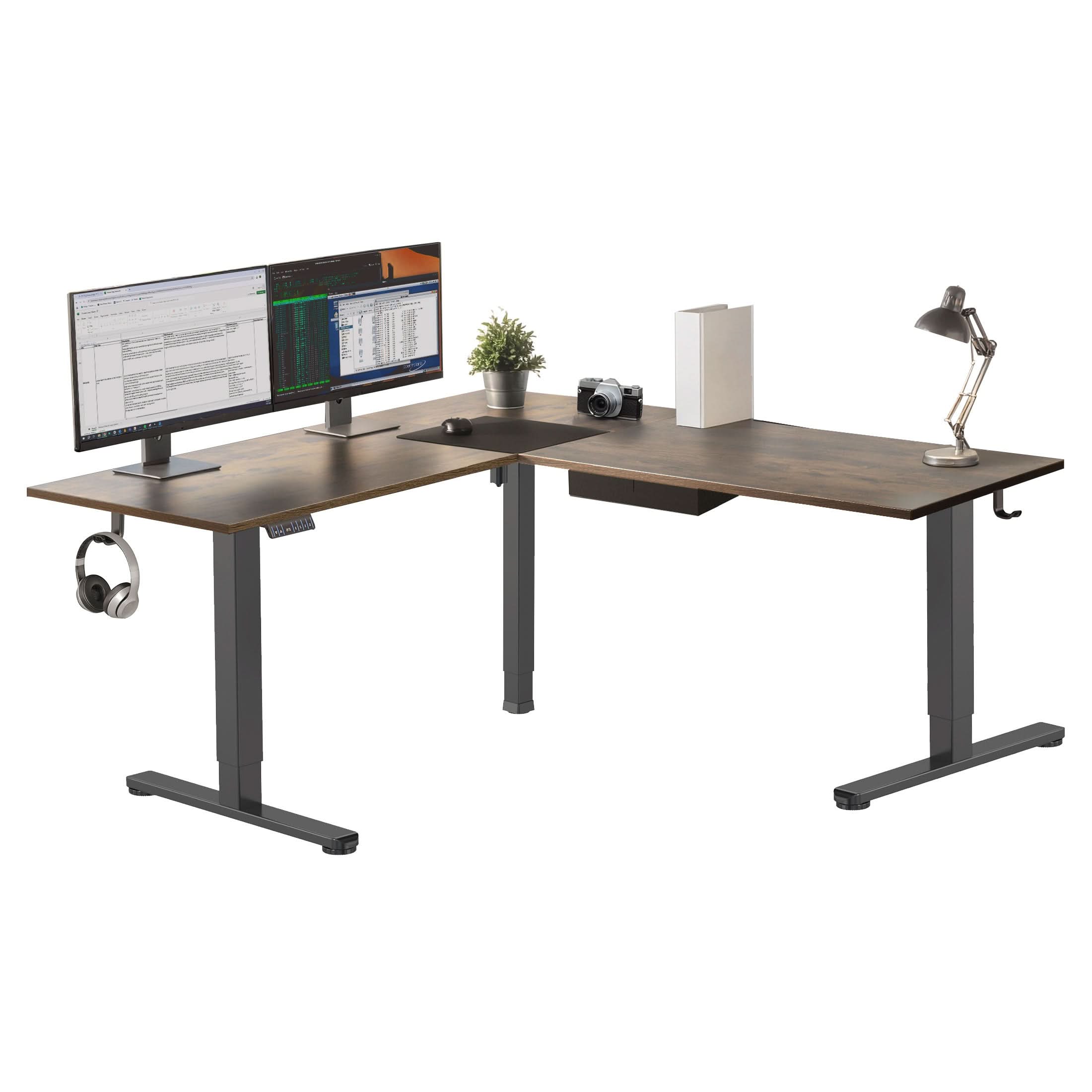 Front. Mount-It! - XL Electric Height Adjustable Corner Standing Desk with Dual Motor and Memory Presets, Black Frame and Brown Tabletop - Brown.