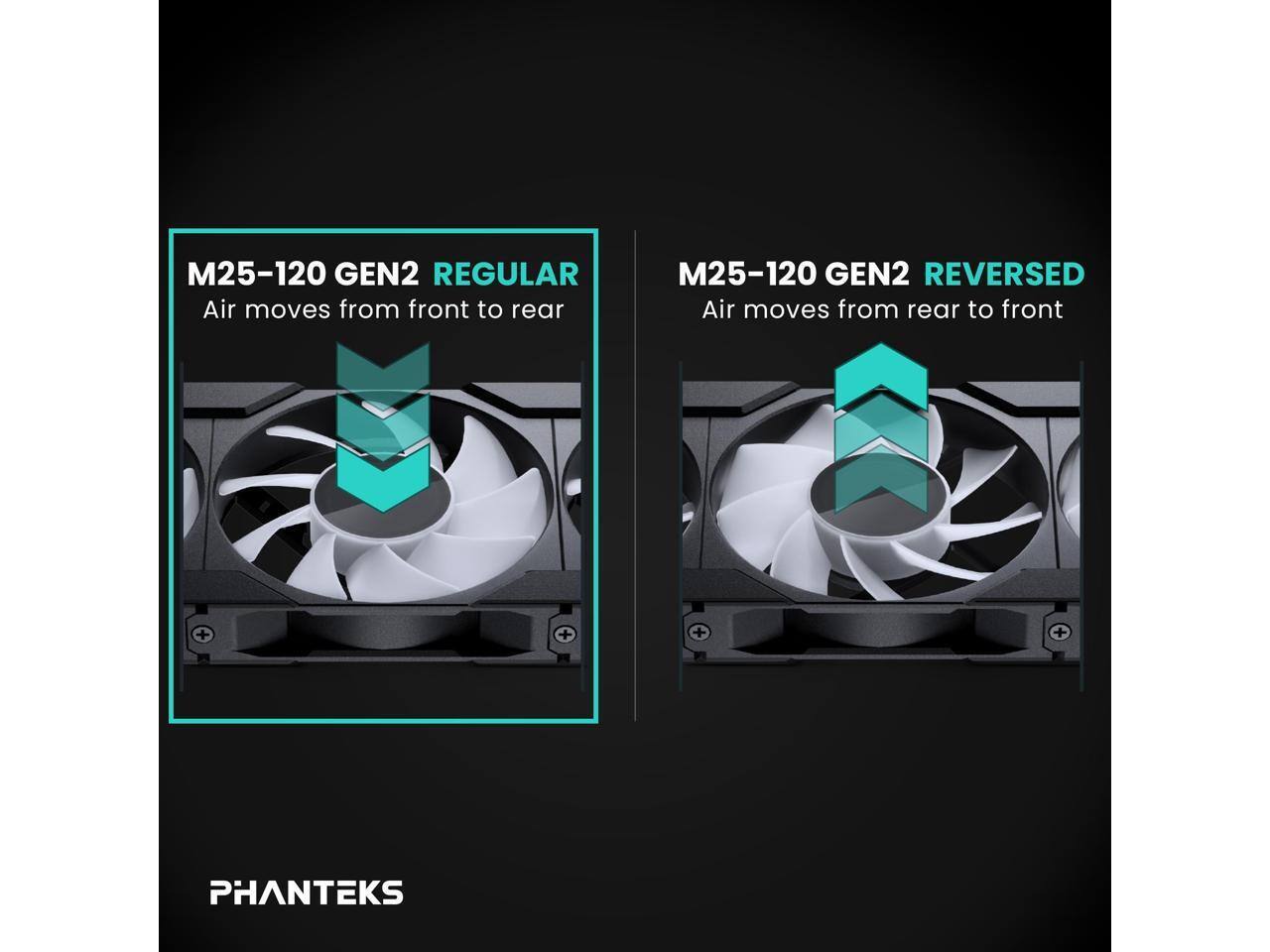 M25-120 GEN2 REGULAR  
Air moves from front to rear  

M25-120 GEN2 REVERSED  
Air moves from rear to front  

PHANTEKS