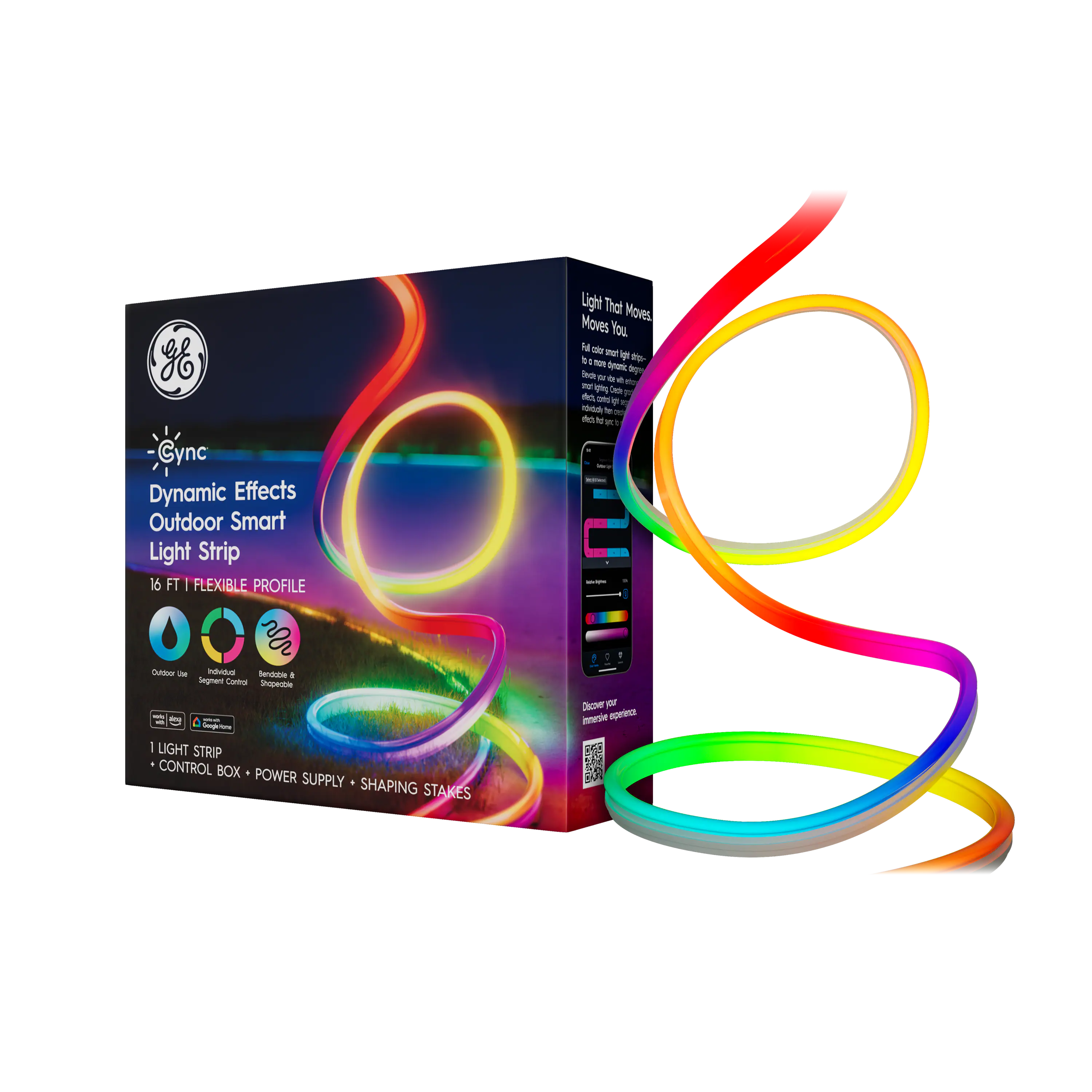 Cync Dynamic Effects Outdoor Smart Light Strip  
16 FT | FLEXIBLE PROFILE  
Light That Moves You  

- Outdoor User  
- Individual Segment Control  
- Individually Addressable  
- Waterproof & Shockproof  

1 LIGHT STRIP  
CONTROL BOX  
POWER SUPPLY  
SHAPING STAKES  

Discover your immersive experience