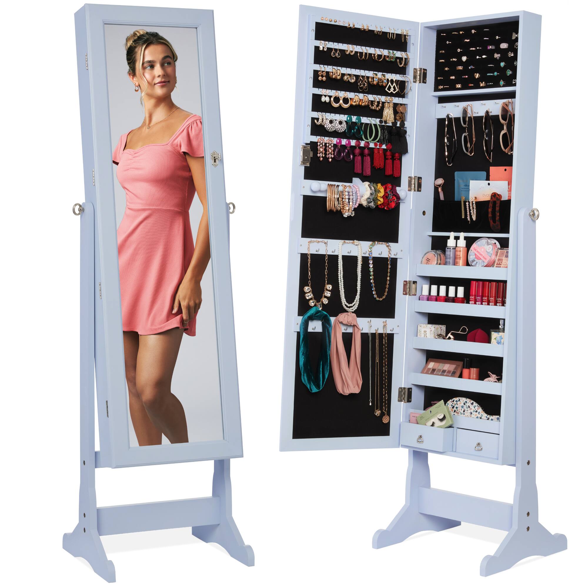 Best Choice Products - Jewelry Armoire Cabinet, Full Length Mirror w/ Velvet Storage Interior, Lock - Powder Blue