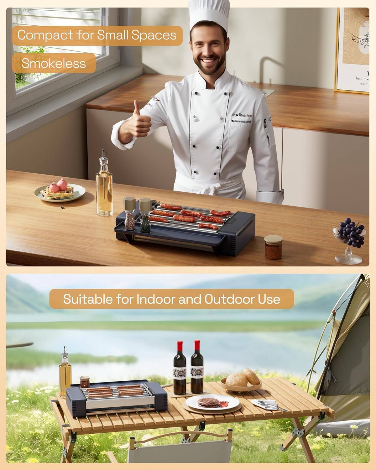 Compact for Small Spaces  
Smokeless  

Suitable for Indoor and Outdoor Use