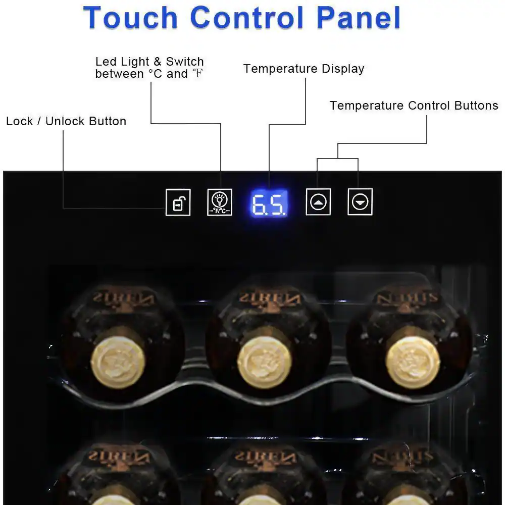 Touch Control Panel

- Led Light & Switch between °C and °F
- Temperature Display
- Temperature Control Buttons
- Lock / Unlock Button

6.5.
