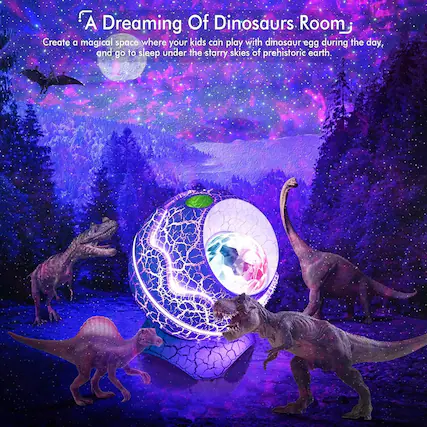 A Dreaming Of Dinosaurs Room
Create a magical space where your kids can play with dinosaur egg during the day, and go to sleep under the starry skies of prehistoric earth.