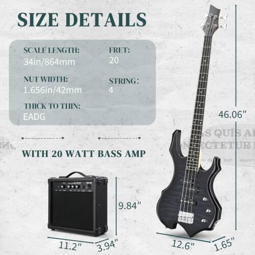 SIZE DETAILS

SCALE LENGTH: 34in/864mm  
FRET: 20  
NUT WIDTH: 1.656in/42mm  
STRING: 4  
THICK TO THIN: EADG

WITH 20 WATT BASS AMP

9.84"  
11.2" 3.94"  
12.6" 1.65"