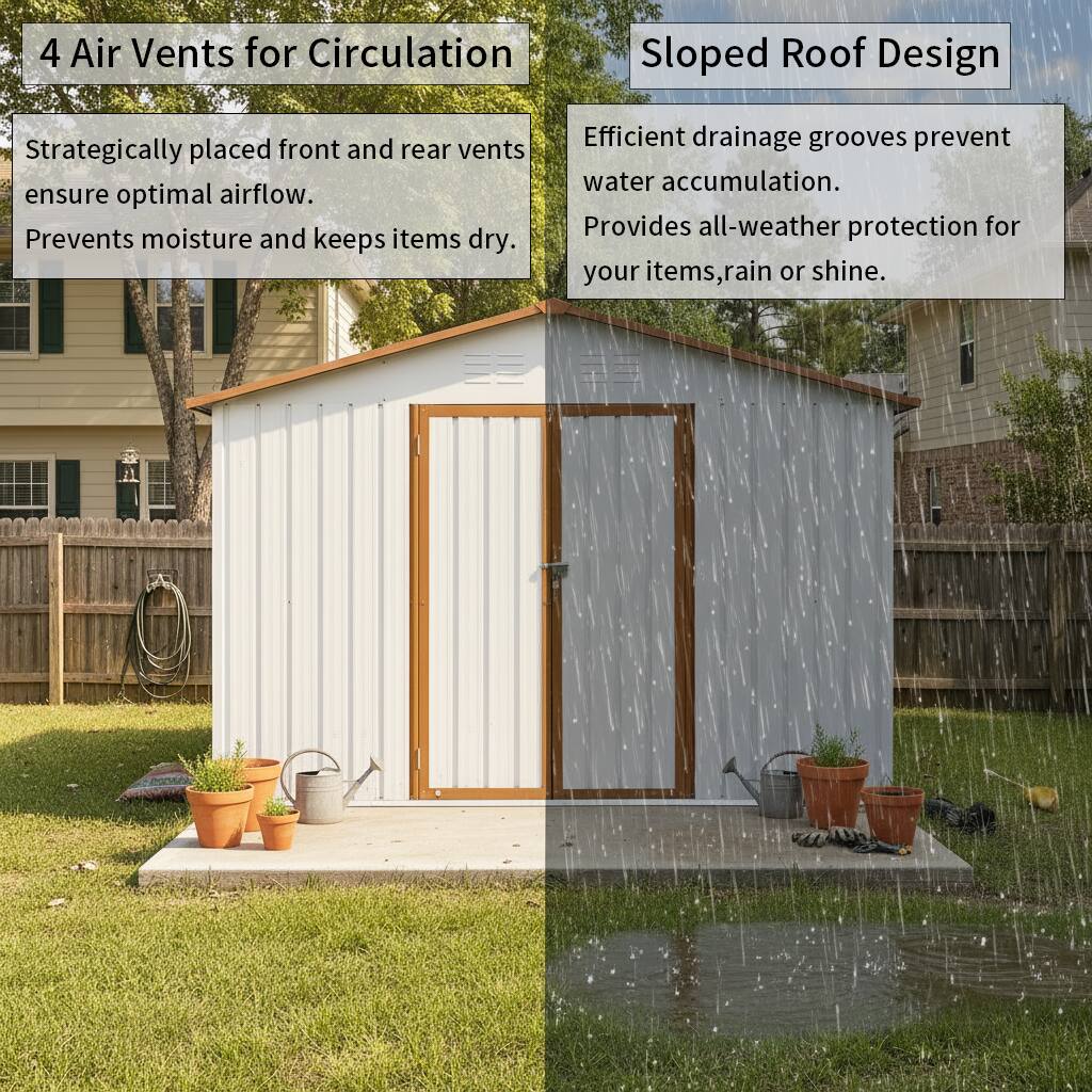 4 Air Vents for Circulation  
Strategically placed front and rear vents ensure optimal airflow. Prevents moisture and keeps items dry.

Sloped Roof Design  
Efficient drainage grooves prevent water accumulation. Provides all-weather protection for your items, rain or shine.