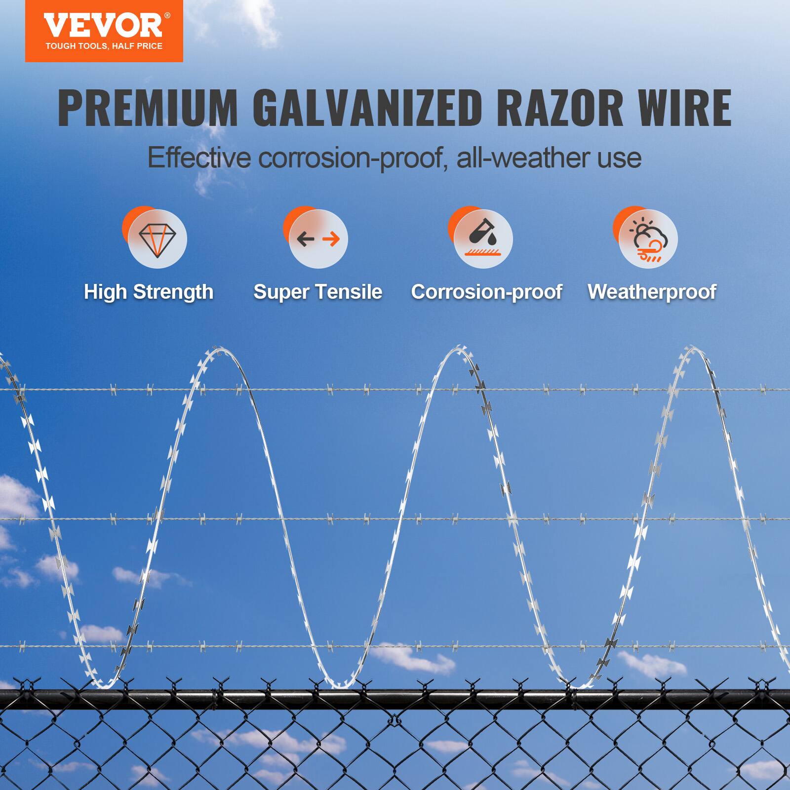 VEVOR TOUGH TOOLS, HALF PRICE

PREMIUM GALVANIZED RAZOR WIRE

Effective corrosion-proof, all-weather use

- High Strength
- Super Tensile
- Corrosion-proof
- Weatherproof