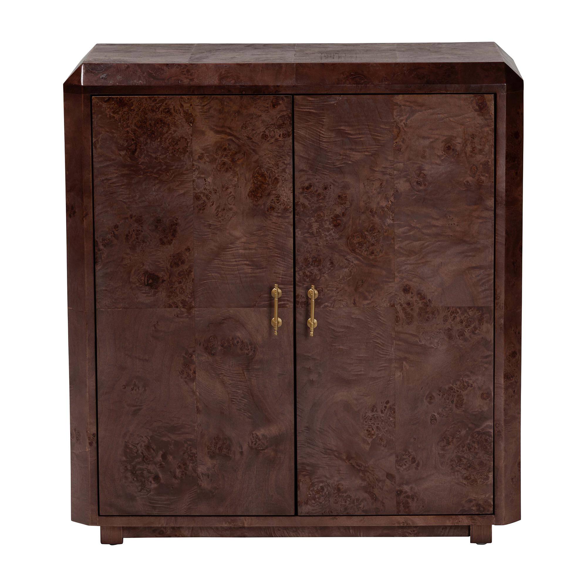 Left. bali & pari - Valora Real Burl Wood Storage Cabinet - Modern Accent Cupboard with Double Doors and Brass Handles, Elegant Sideboard - Dark Walnut.