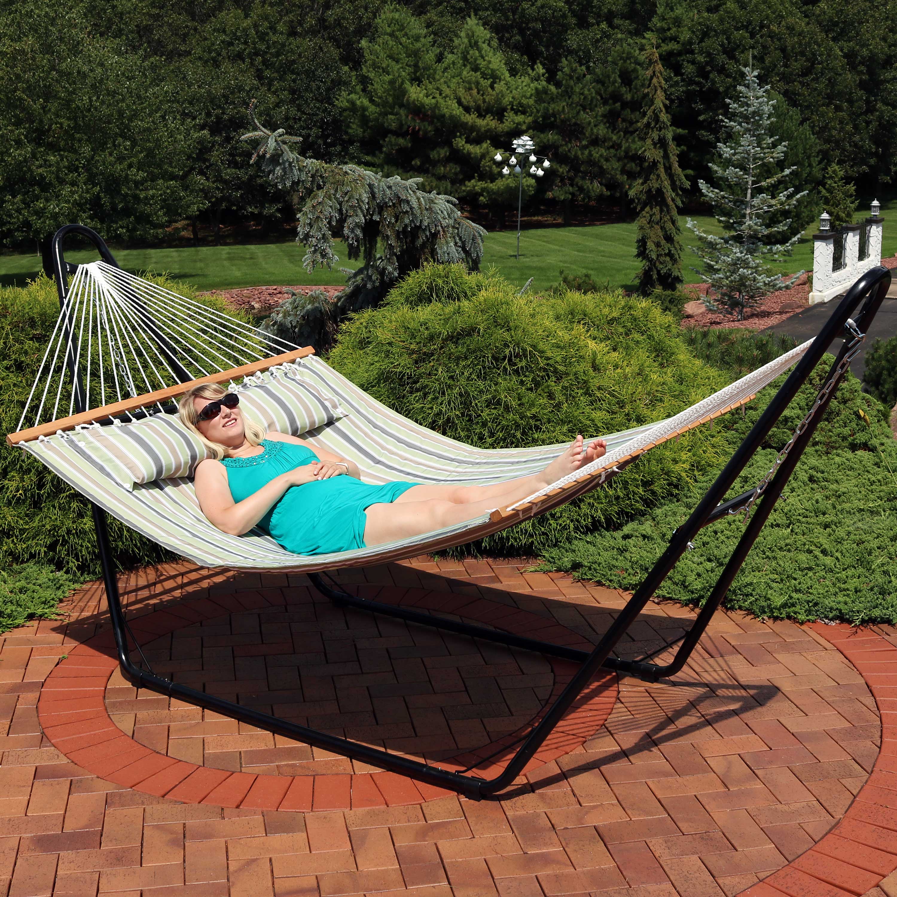 Alt View 9. Sunnydaze - Large Quilted Hammock with Spreader Bar and Pillow - Khaki Stripe.