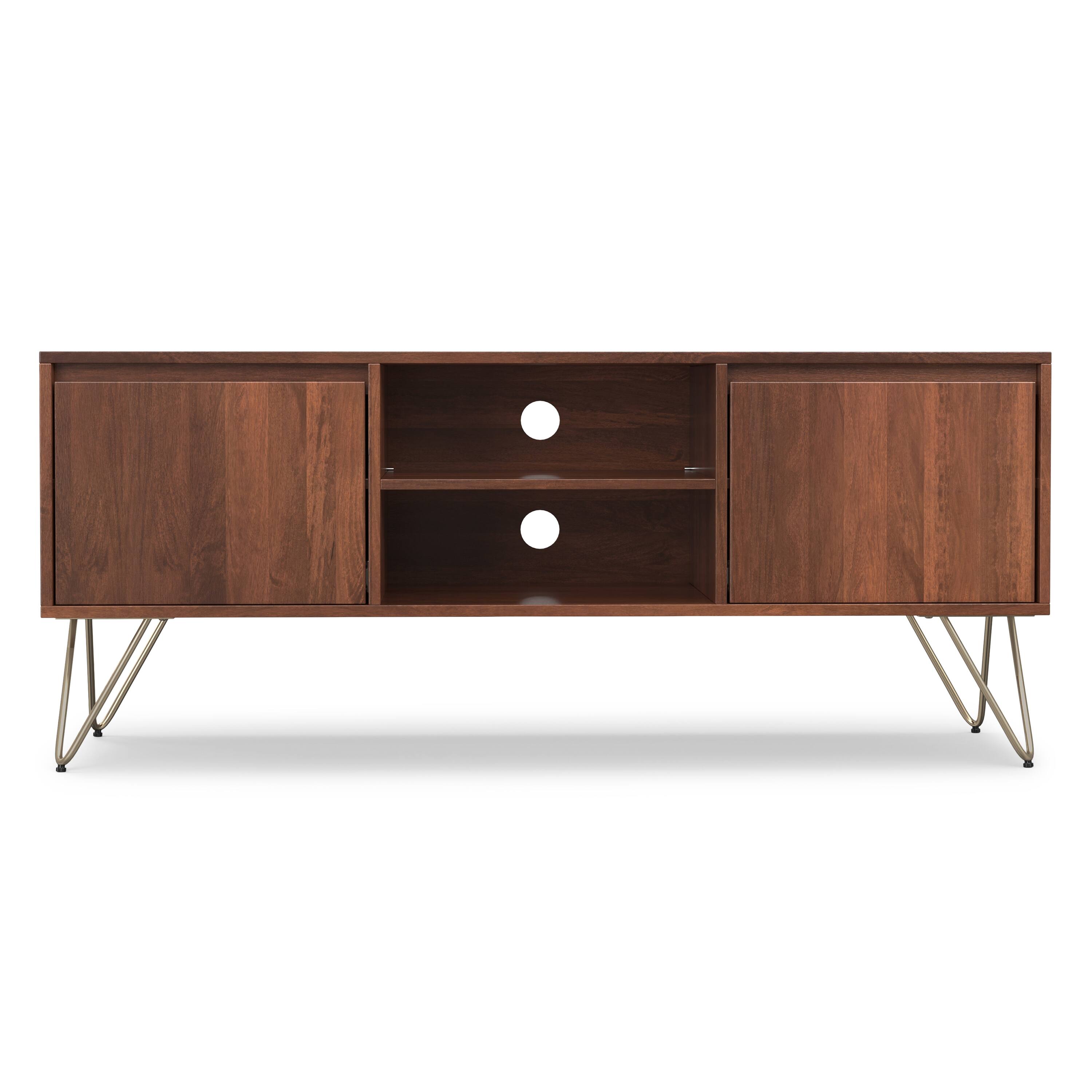 Back. Simpli Home - Hunter SOLID MANGO WOOD TV Media Stand in Umber Brown, Gold For TVs up to 65 inches - Umber Brown, Gold.