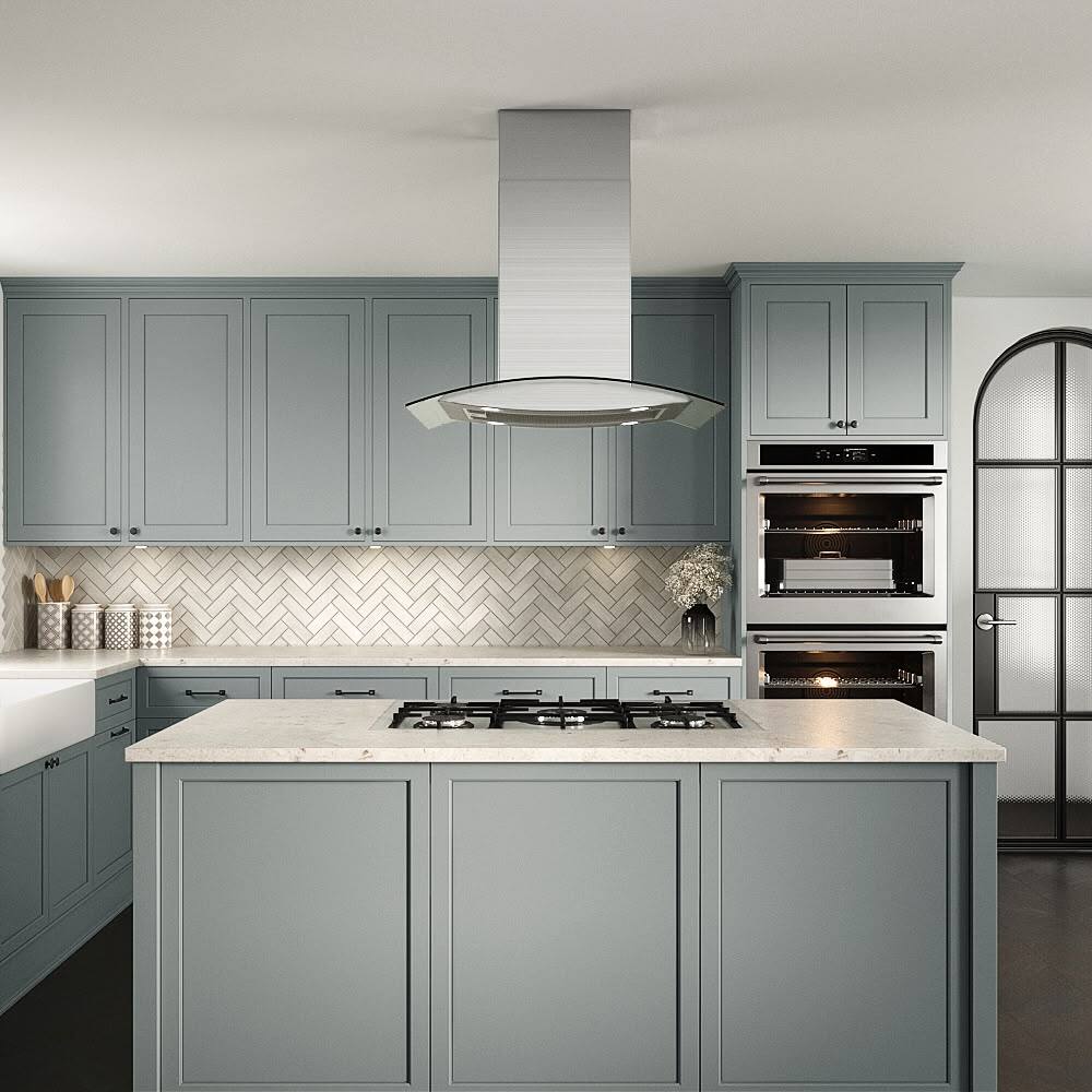 Left. Streamline - 30 in. Maddaloni Ductless Island 350 CFM Range Hood, Mesh Filters, Touchpad Control, LED Lights - Brushed Stainless Steel.