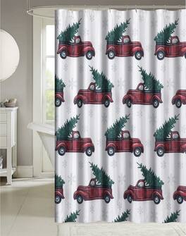 Kate Aurora - Holiday Sparkle Christmas Delivery Trucks & Evergreens Fabric Shower Curtain - White