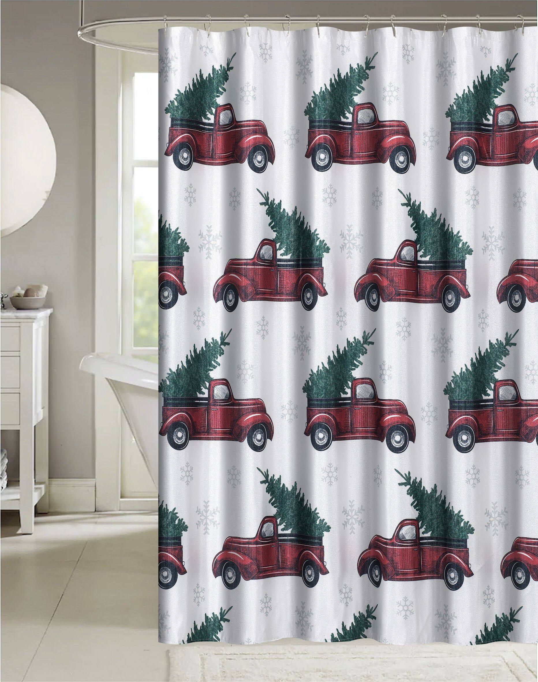 Front. Kate Aurora - Kate Aurora Holiday Sparkle Christmas Delivery Trucks & Evergreens Fabric Shower Curtain - White.