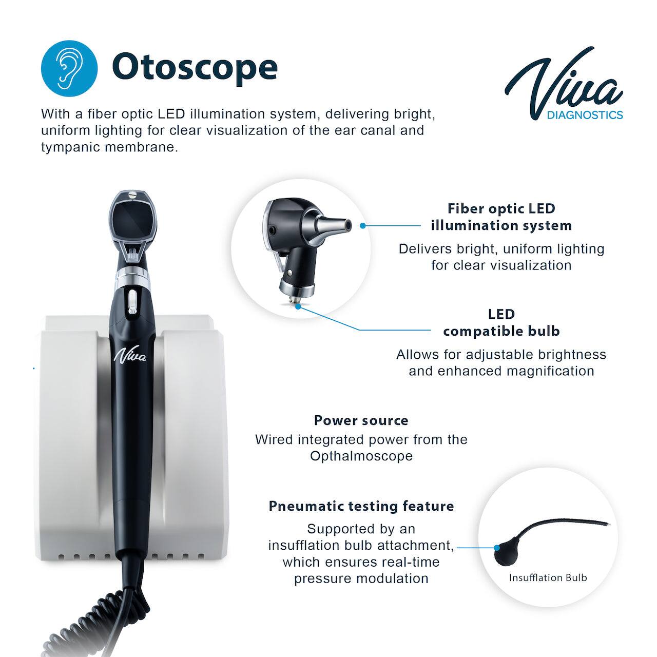 Otoscope
With a fiber optic LED illumination system, delivering bright, uniform lighting for clear visualization of the ear canal and tympanic membrane.

Viva

Fiber optic LED illumination system
Delivers bright, uniform lighting for clear visualization

LED compatible bulb
Allows for adjustable brightness and enhanced magnification

Power source
Wired integrated power from the Opthalmoscope

Pneumatic testing feature
Supported by an insufflation bulb attachment, which ensures real-time pressure modulation

Insufflation Bulb