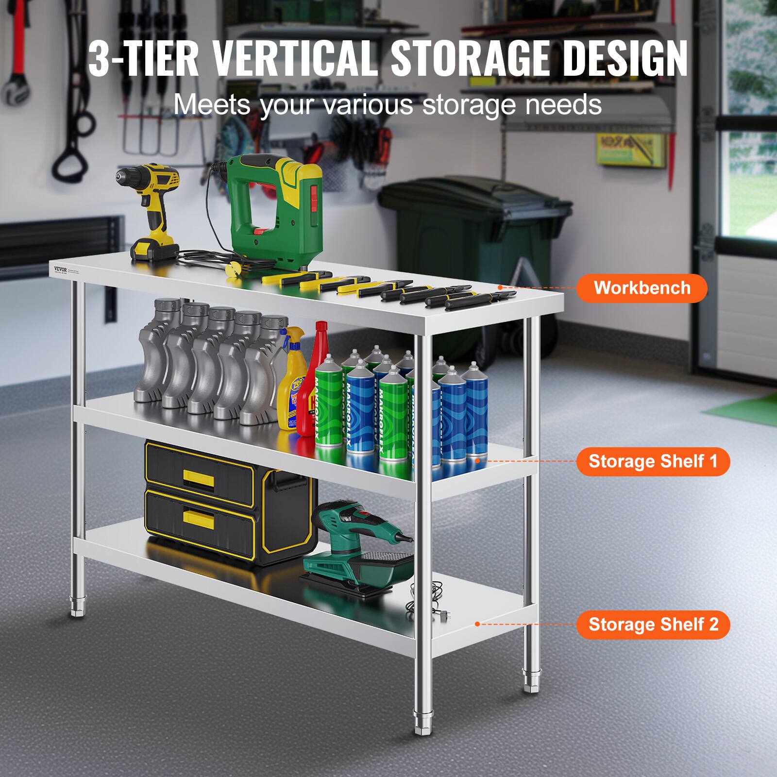 3-TIER VERTICAL STORAGE DESIGN  
Meets your various storage needs  

Workbench  
Storage Shelf 1  
Storage Shelf 2