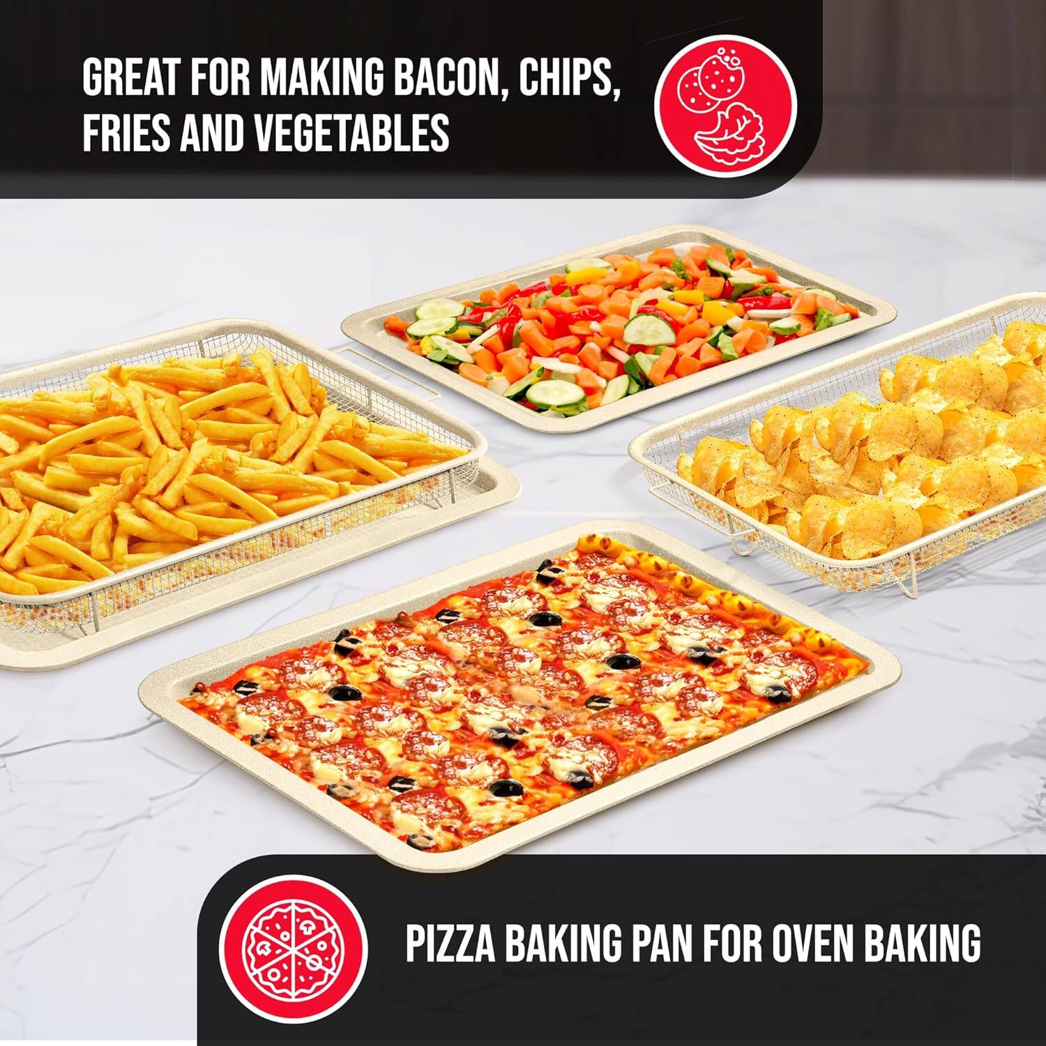 GREAT FOR MAKING BACON, CHIPS, FRIES AND VEGETABLES
PIZZA BAKING PAN FOR OVEN BAKING