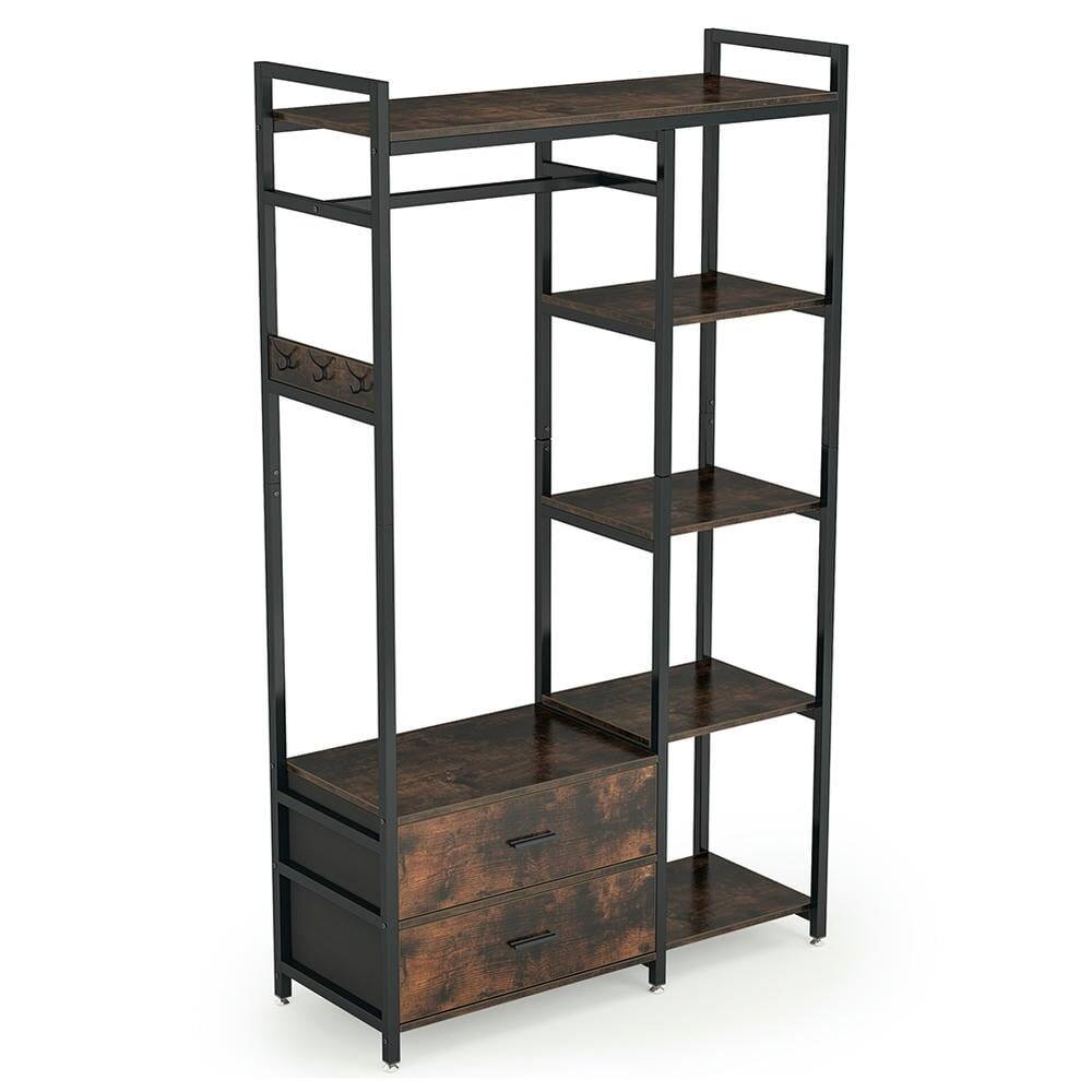 Left. Kadyn - Kadyn Freestanding Closet Organizer, Garment Rack with 2 Fabric Drawers - Rustic Brown.