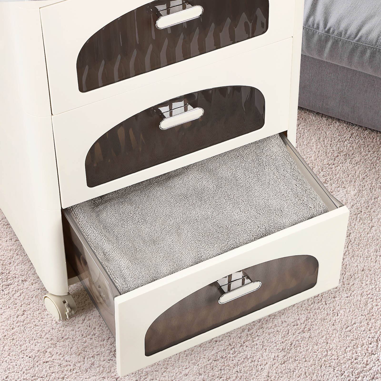 Back. Oumilen - 3-Drawer Rolling Storage Cart, White Plastic Organizer with Wheels - White.
