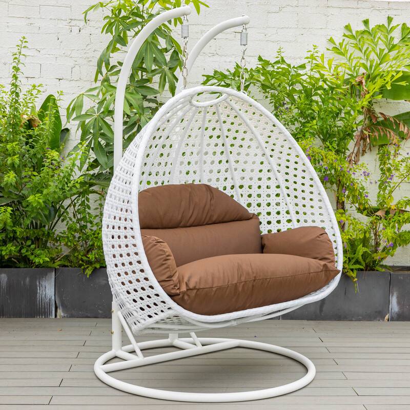 Left. LeisureMod - Leisuremod Modern 2-Person Outdoor Egg Swing White Wicker Chair with Stand, Plush Washable Cushions & Waterproof Cover - Brown.
