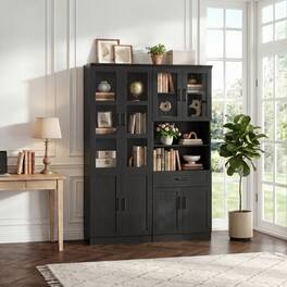 Aheaplus - 79.7'' Tall Bookcase Set of 2, 47.2'' Wide Freestanding Bookshelf with Drawer and Adjustable Shelves - Black