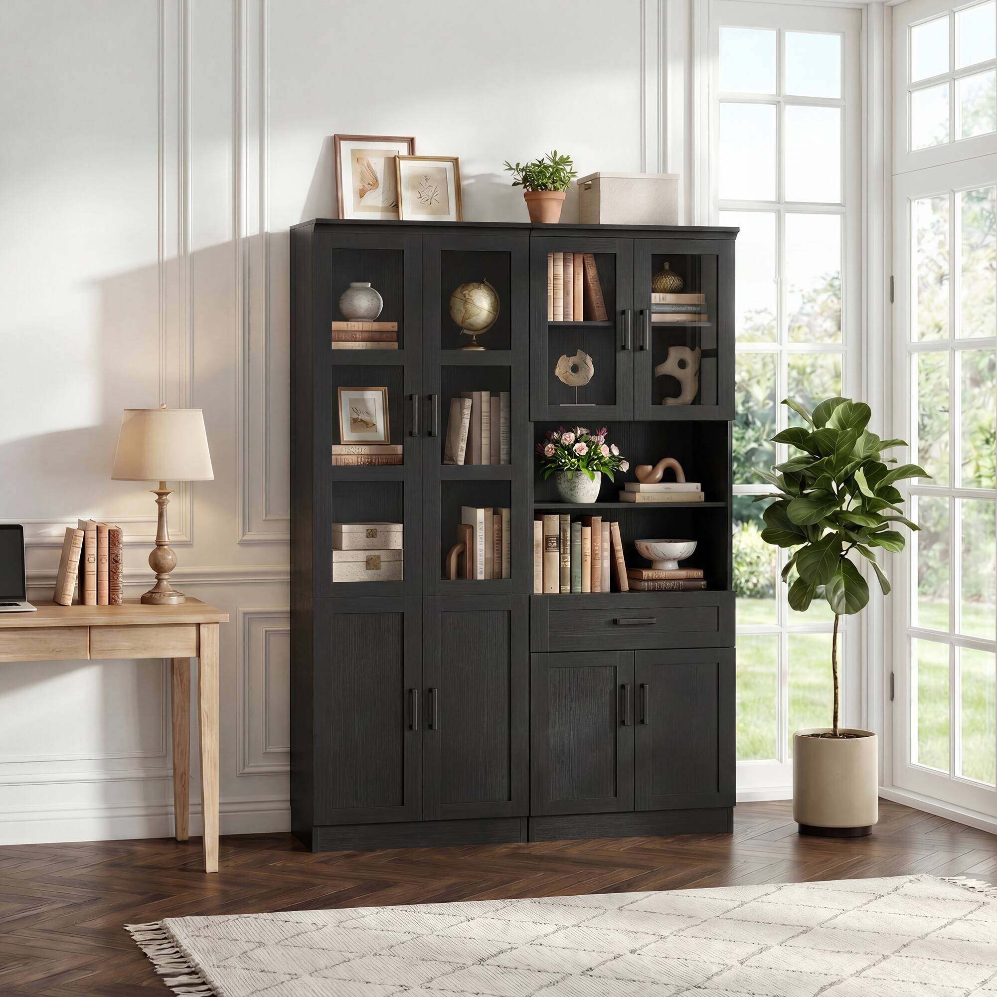 Alt View 2. Aheaplus - 47.2'' Width Pantry Cabinet, 80'' Tall Food Cupboard with Drawer, Adjustable Shelves, and Glass Doors, 2 Packs - Black.