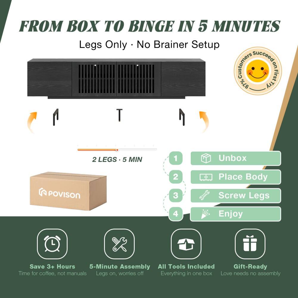 FROM BOX TO BINGE IN 5 MINUTES  
Legs Only • No Brainer Setup  

1. Unbox  
2. Place Body  
3. Screw Legs  
4. Enjoy  

2 LEGS • 5 MIN  

- Save 3+ Hours  
- 5-Minute Assembly  
- All Tools Included  
- Gift-Ready  

Time for coffee, not manuals  
Legs on, worries off  
Everything in one box  
Love needs no assembly  

Customers First on 97%