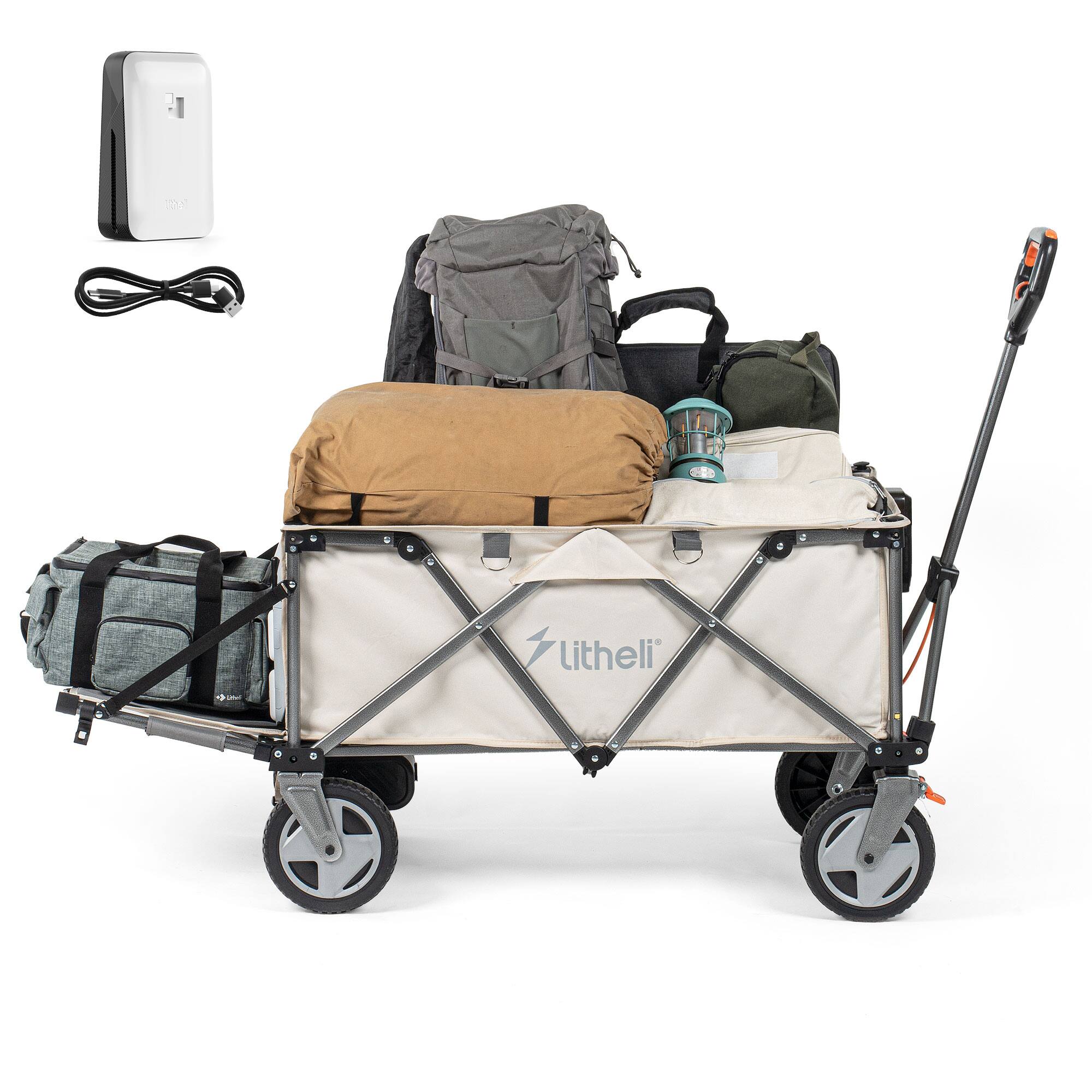 Litheli - Electric Utility Wagon Cart, 200L Capacity, 300 lbs Load, Foldable Heavy-Duty Design with All-Terrain Wheels - Beige  and black